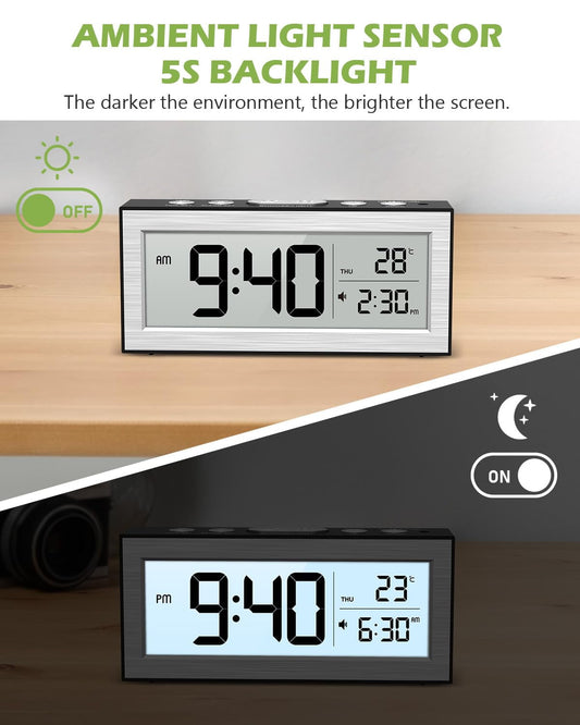 Onekawa Battery Powered Alarm Clocks, Travel Alarm Clock with LCD Display, 12/24H, 5-Min Snooze, Bedside Clock with Auto Dimming Function and Working Mode, Suitable for Bedroom, Office, Travel