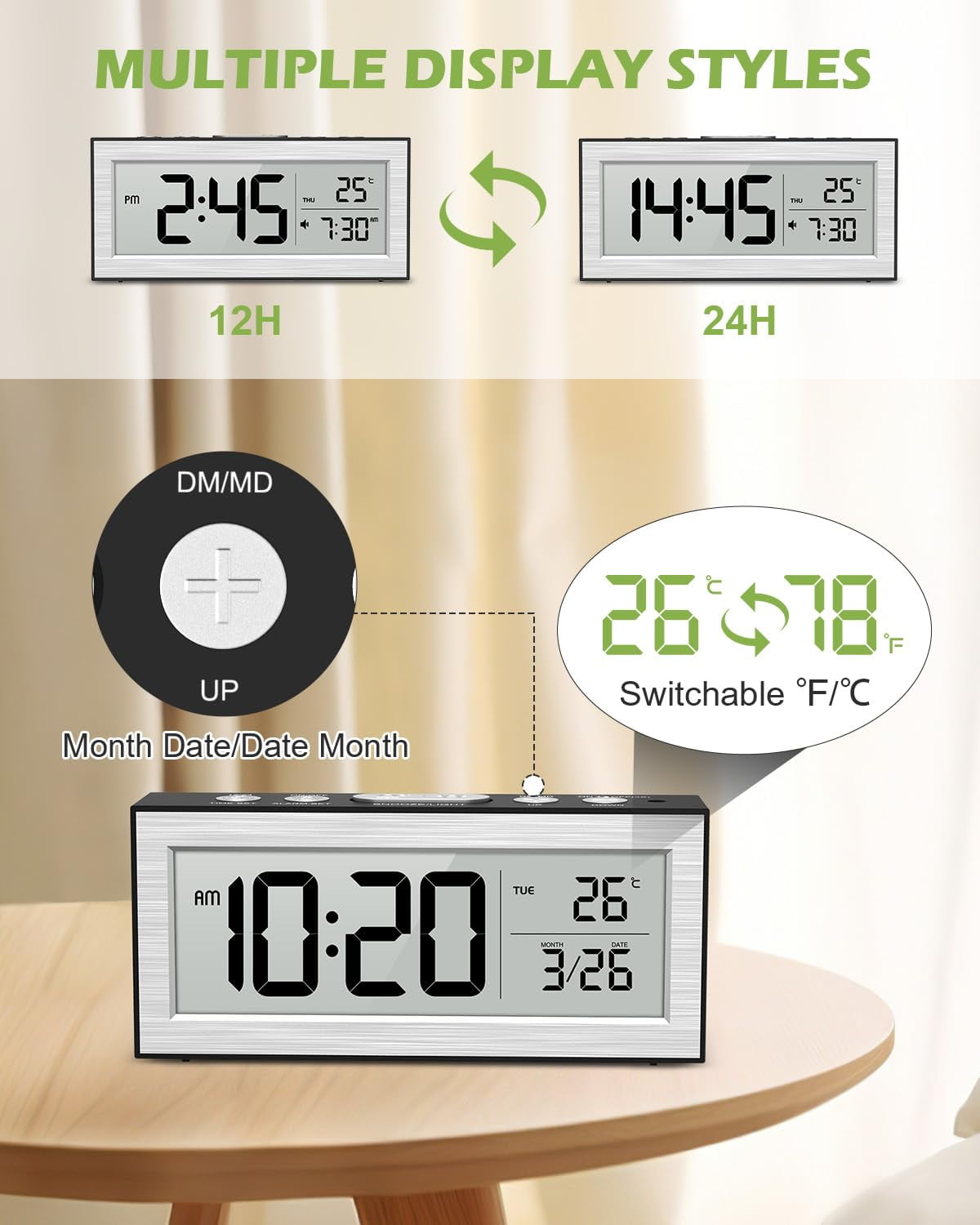 Onekawa Battery Powered Alarm Clocks, Travel Alarm Clock with LCD Display, 12/24H, 5-Min Snooze, Bedside Clock with Auto Dimming Function and Working Mode, Suitable for Bedroom, Office, Travel