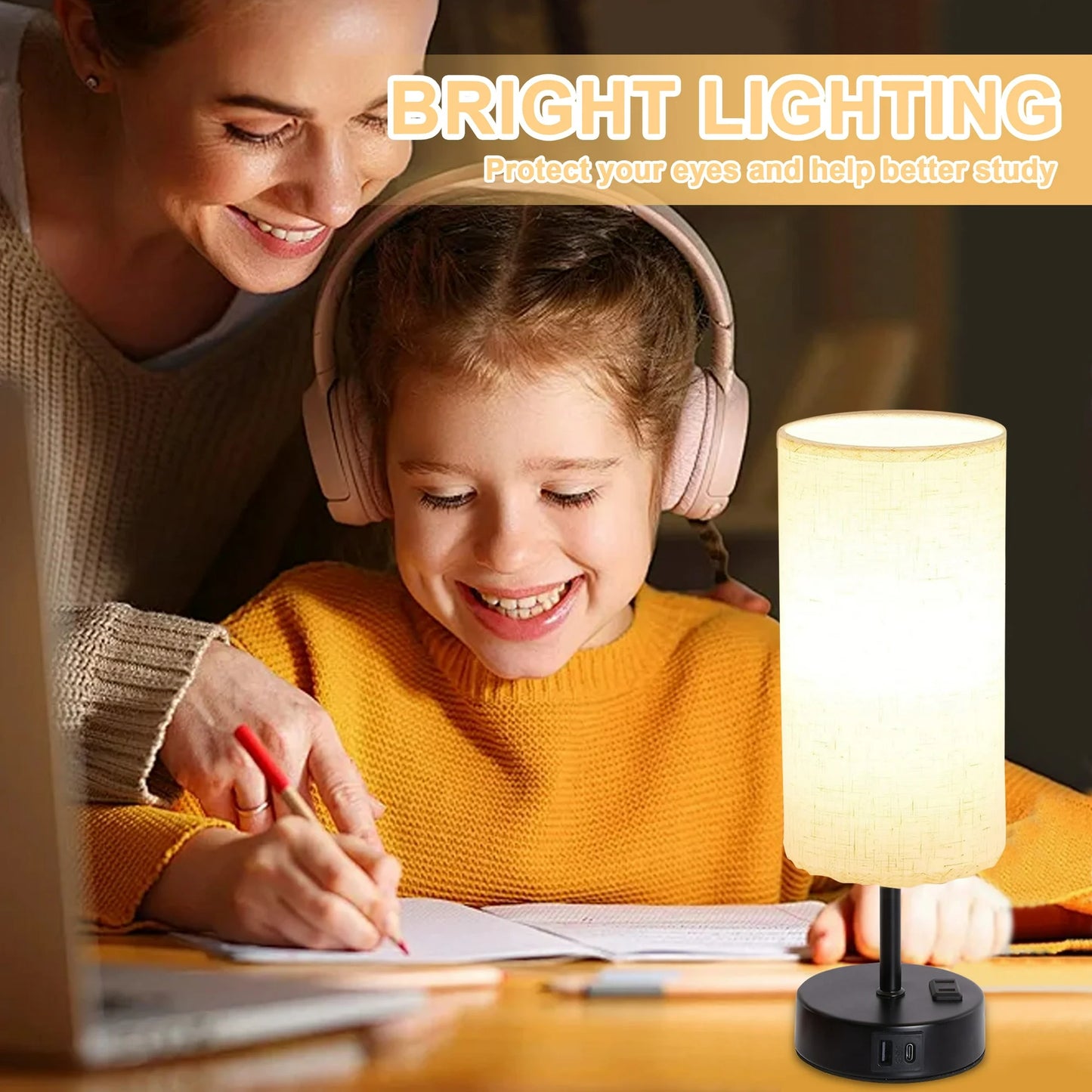 LOFTER-Pro Bedside Table Lamp for bedroom, 3 Way Dimmable Touch Lamp with USB Port and AC Outlet, Small Desk Lamp for Night Stands, Living Room, Office