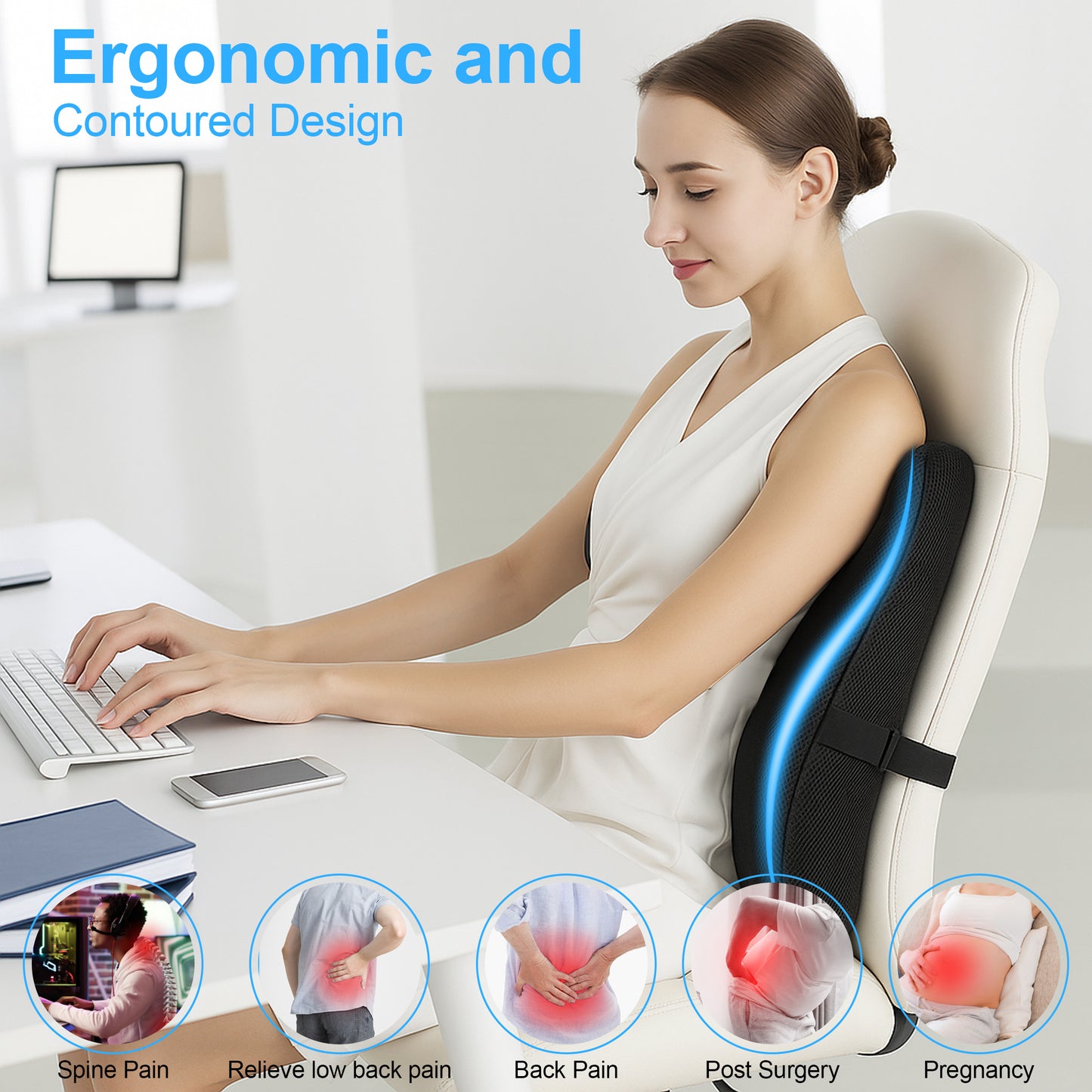 WANALIT Ergonomic Lumbar Support Pillow for Office Chair & Car - Memory Foam Back Cushion for Lower Back Pain Relief - Breathable Mesh Cover with Adjustable Straps, Black