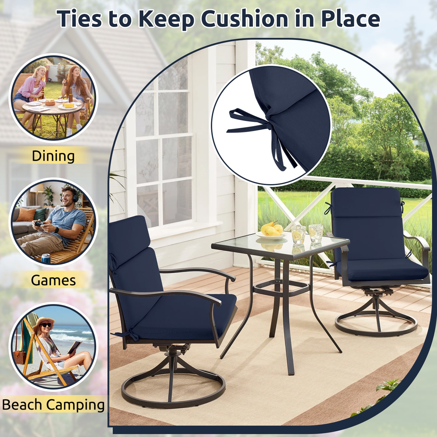 MOONORAH Outdoor Chair Cushions, 44"L x 21.5"W Patio Seat Cushions Outdoor Chair Pads with Ties, Waterproof Outdoor Chair Cushion Garden Sofa Couch Chair Pads, Sofe Comfortable, Blue