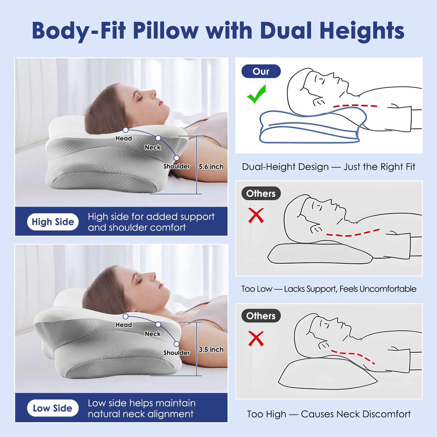 MOONORAH Cervical Neck Pillow, Memory Foam Bed Pillows with Ergonomic Contour Design for Neck Support and Pain Relief, Comfortable Sleeping Pillow for Side, Back and Stomach Sleepers,Gray & White