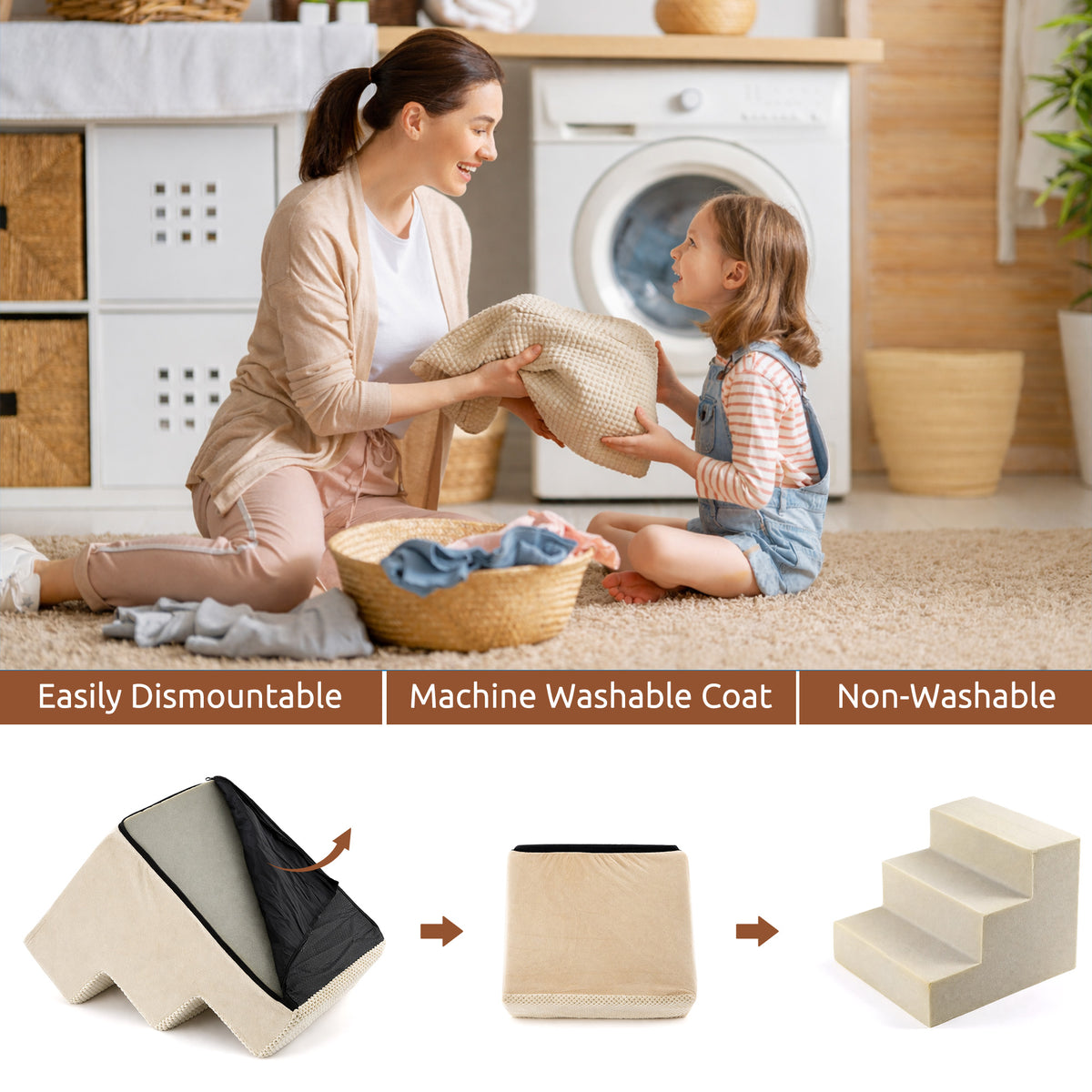 MOONORAH Dog Stairs for Small Dogs 13.8"H, 3-Step Dog Steps for High Bed,Pet Steps for Small Dogs and Cats,Dog Stairs Ramp for High Density Foam,Beige