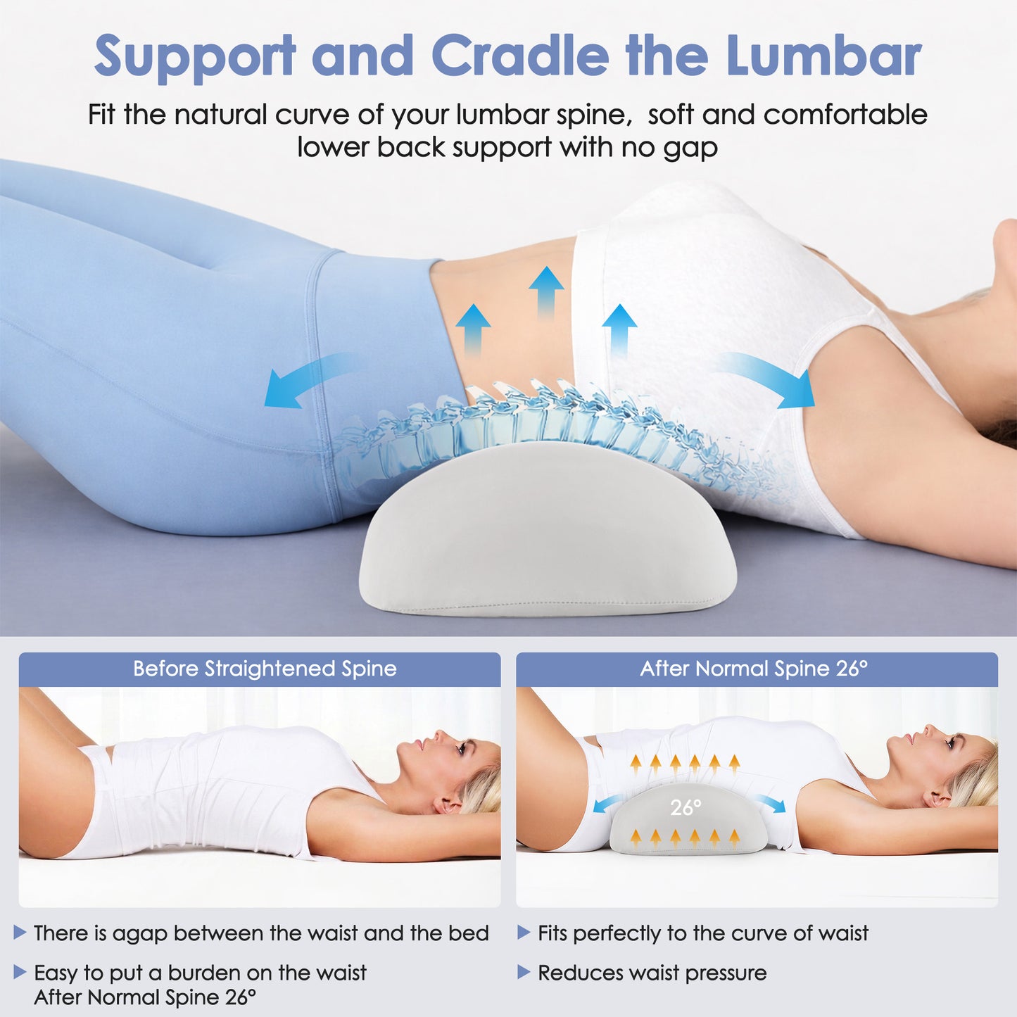 MOONORAH Lumbar Pillow for Sleeping, Memory Foam Waist Support Cushion for Lower Back Pain Relief, Bed & Side Sleeper Pillow for Waist Support, Orthopedic Contour Pillow - Light Grey