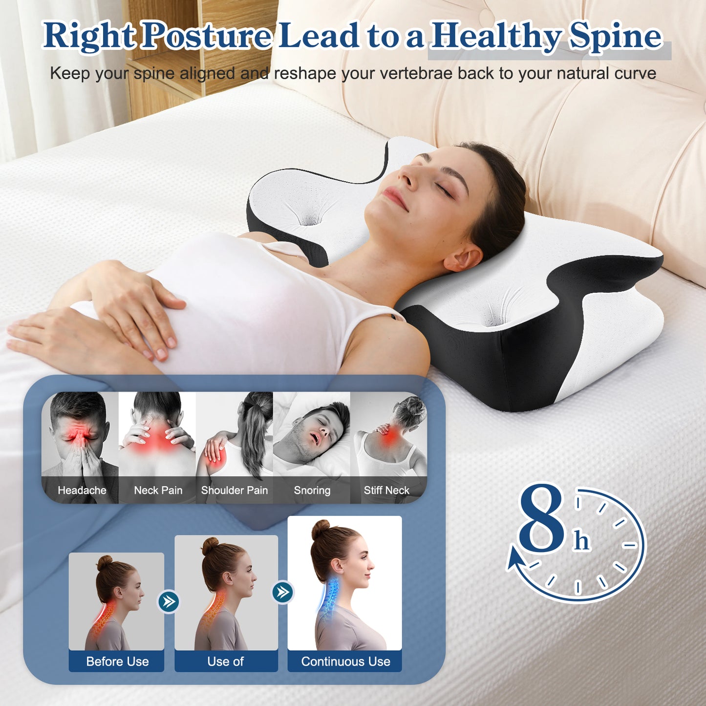 MOONORAH Cervical Pillow for Neck and Shoulder, Ergonomic Side Sleeper Pillow for Neck Support, Contour Memory Foam Pillows for Side Back & Stomach Sleepers with Cooling Pillowcase, Black