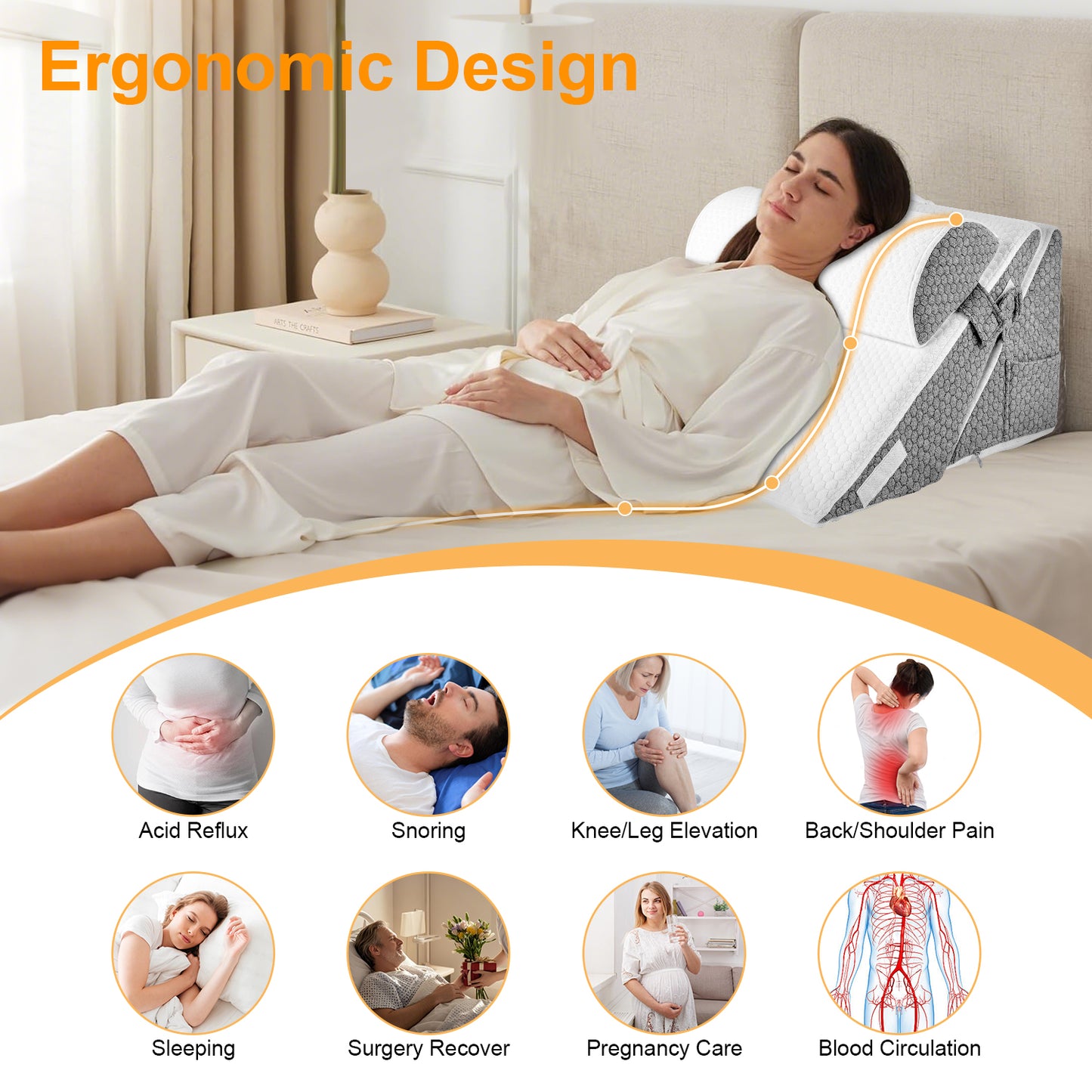 Kaibinsi Wedge Pillow for Sleep Apnea, Adjustable Wedge Pillow Headboard, Bed Wedge Pillow for Acid Reflux and Back Pain Relief, Pillow Wedge for Sleeping with Neck Support Pillow, White & Grey