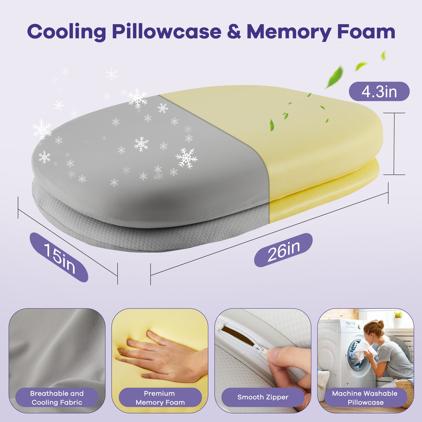 KAIPARA Cervical Neck Pillow for Side Sleepers, Cooling Memory Foam Contour Pillow with Detachable Dual-Layer Soft & Firm Support, 26" x 15" x 4.3"