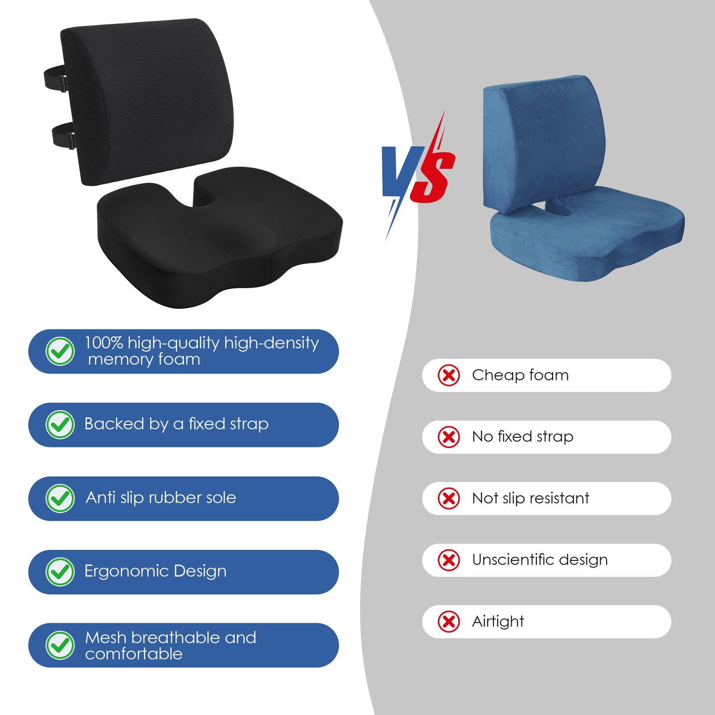 Kaibinsi Memory Foam Chair Seat & Lumbar Cushion for Tailbone, Hip Pain Relief - Ideal for Office, Car, Wheelchair