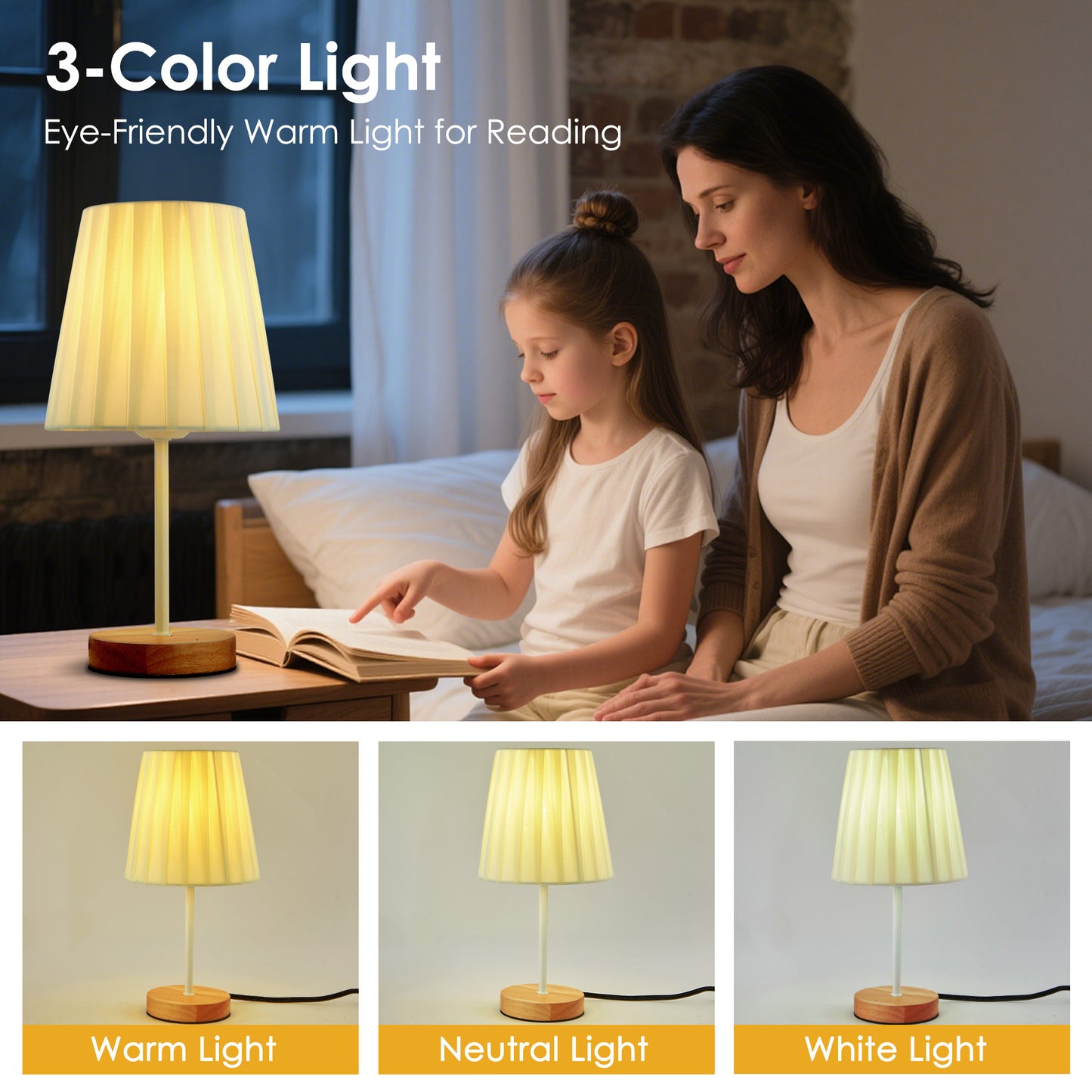 LAFAYTTE Fabric Wooden Table Lamp Bedside Nightstand Lamp Simple LED Desk Lamp for Home Bedroom Living Room Office Study