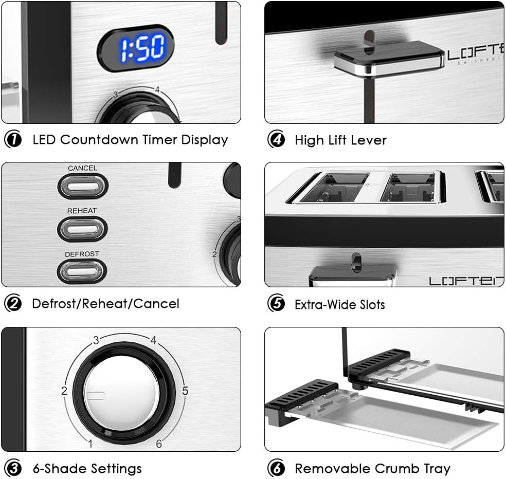 LOFTER Toaster, Prime Rated Bread Toasters with Compact LED Display, Removable Crumb Tray (4 Slice) 