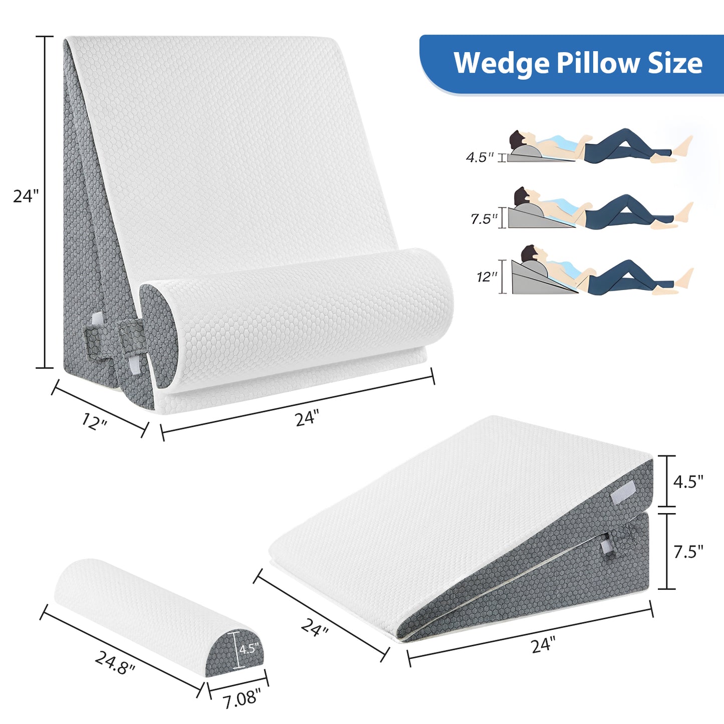 KAIPARA Cooling Wedge Pillow Set, 3-Piece Adjustable Memory Foam Bed Wedge Pillow for Sleeping - Acid Reflux, Snoring, Neck Pain and Back Pain, White and Grey