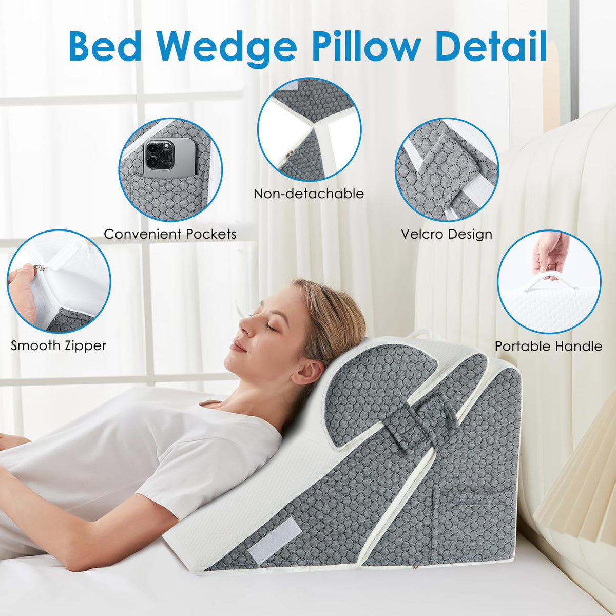 Wedge Pillow for Sleep Apnea, Adjustable Wedge Pillow Headboard, WANALIT Bed Wedge Pillow for Acid Reflux and Back Pain Relief, Pillow Wedge for Sleeping with Neck Support Pillow, White & Grey