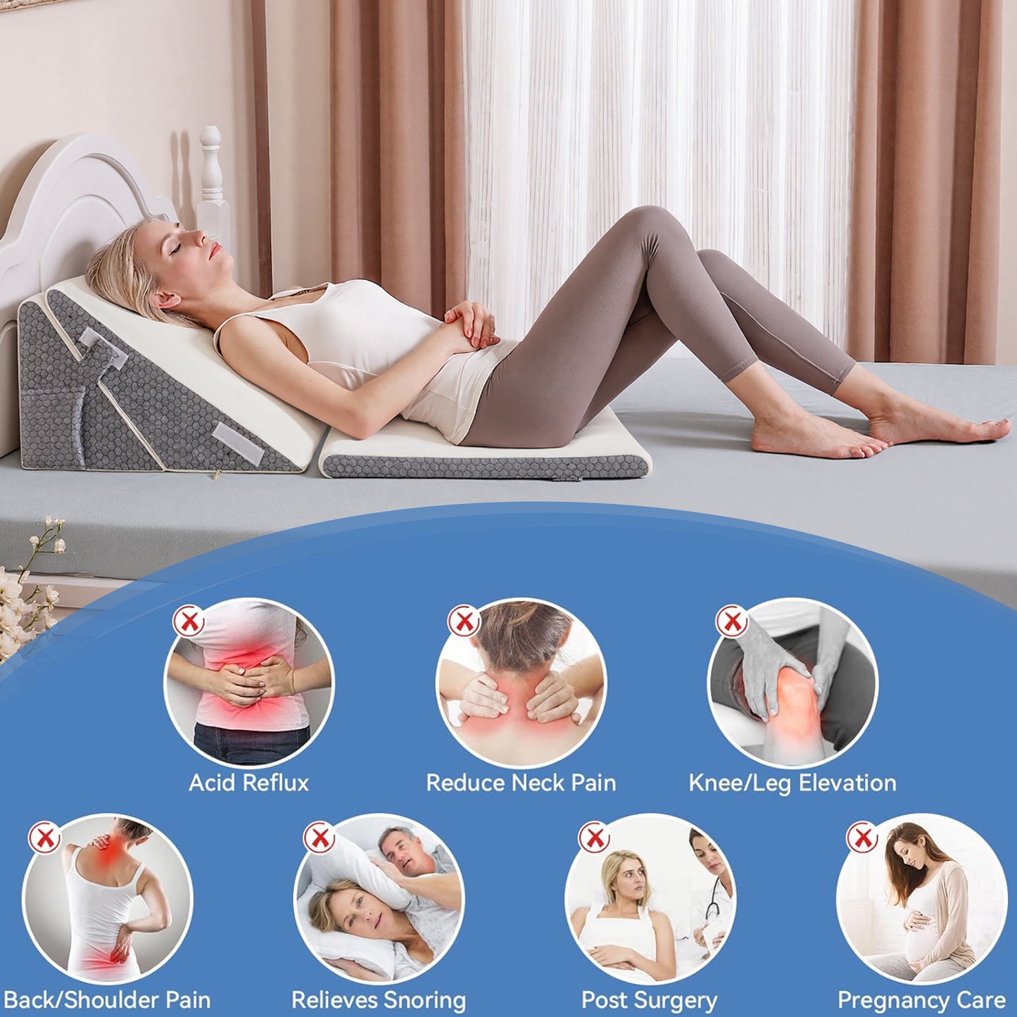 MOONORAH Bed Wedge Pillow with Head Pillow - Adjustable Highly Sponge Post-Surgery Pillow for Back, Leg & Knee Pain, Acid Reflux & Snoring Relief - Orthopedic Support for Sleeping, White