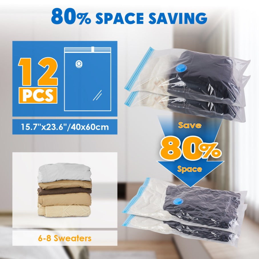 Onekawa 12-Pack Vacuum Storage Bags Set - Space-Saving Travel Solution with Pump for Clothes, Blankets, and Bedding