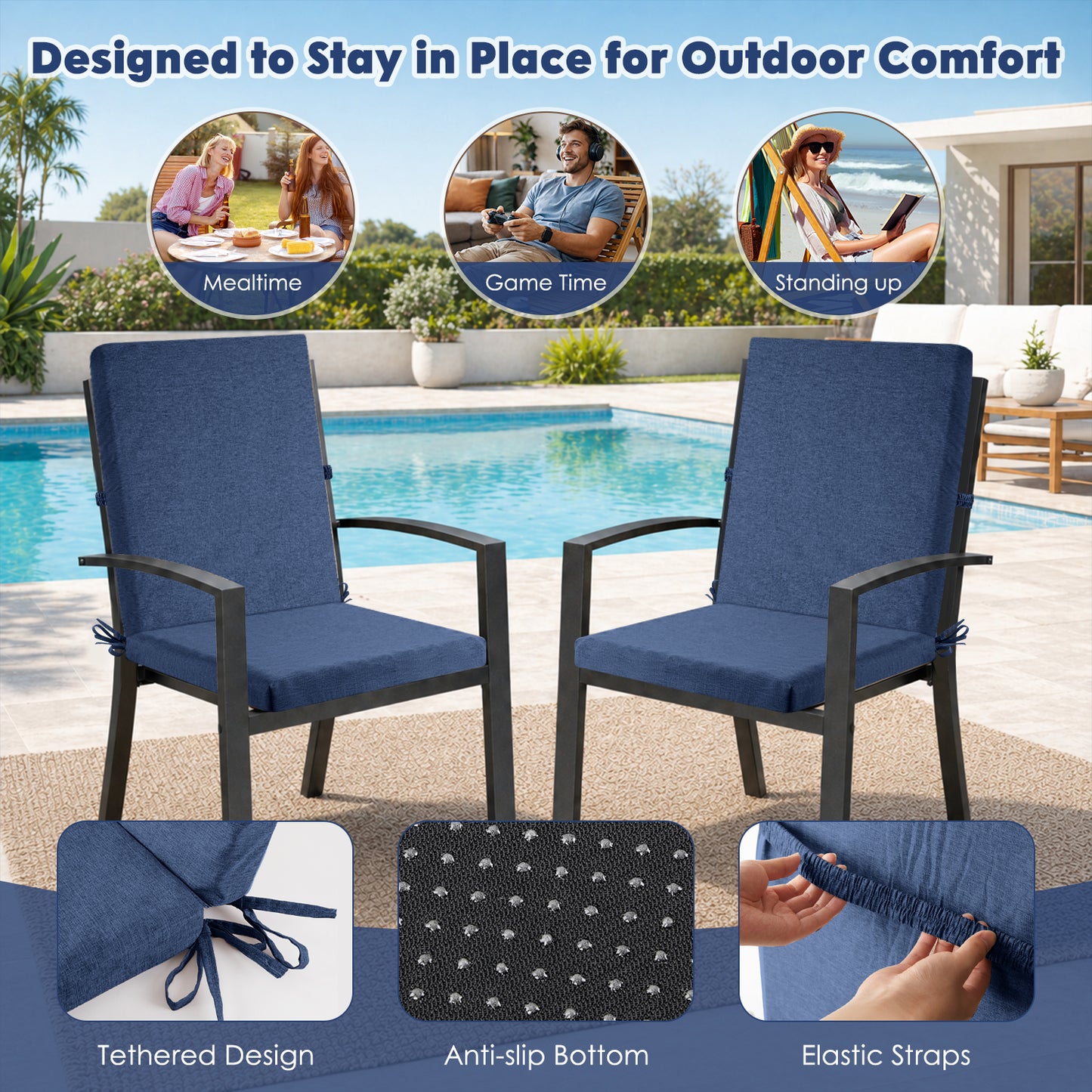 MOONORAH Outdoor Chair Cushions, 42"L x 18"W High Density Sponge with Zipped Waterproof Seat Cushion for Garden Sofa Midback Rocking Chair, Navy Blue