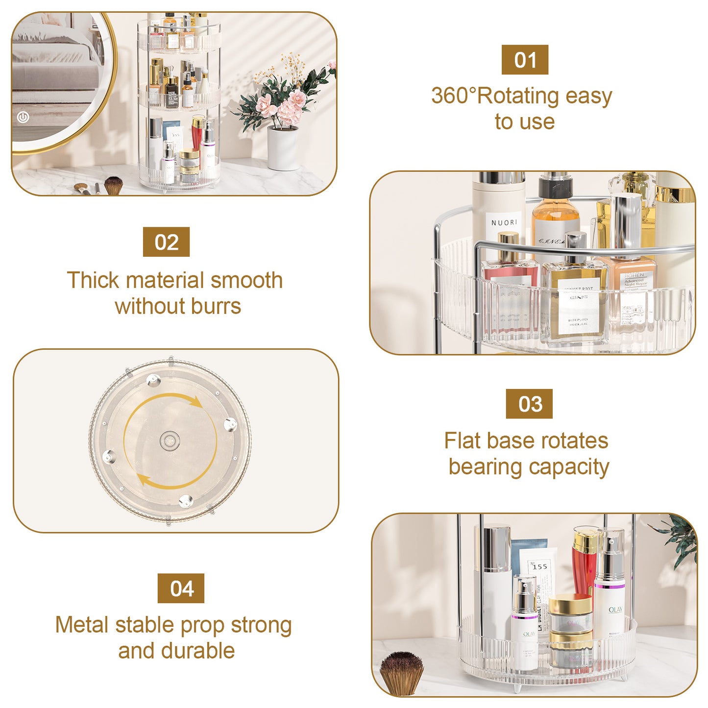 360° Rotating Makeup Organizer, Bathroom Makeup Holder, 3 Tiers Large Capacity Storage Shelf