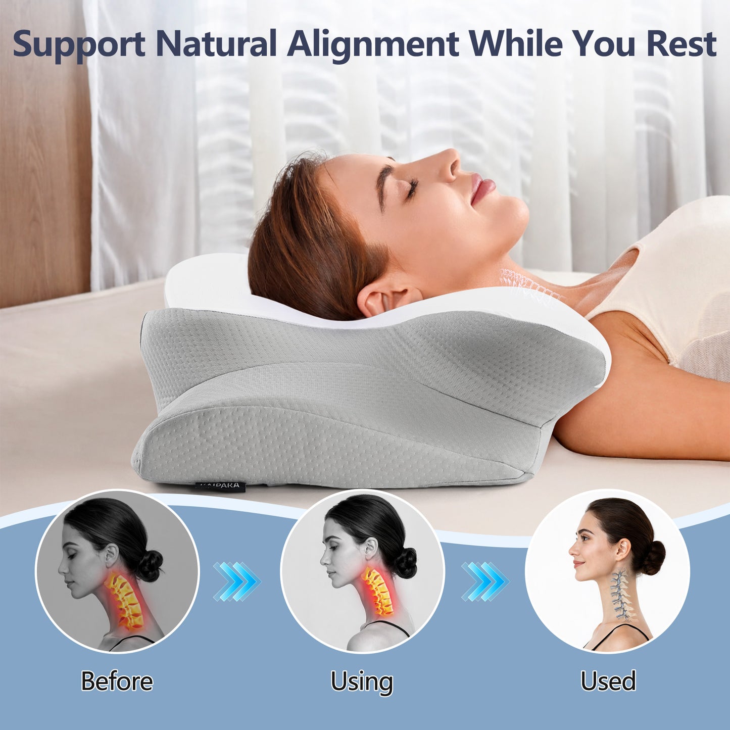 KAIPARA Memory Foam Bed Pillow for Sleeping, Cooling Dual Height Contour Pillow for Side, Back and Stomach Sleepers, Removable Washable Cover, Gray
