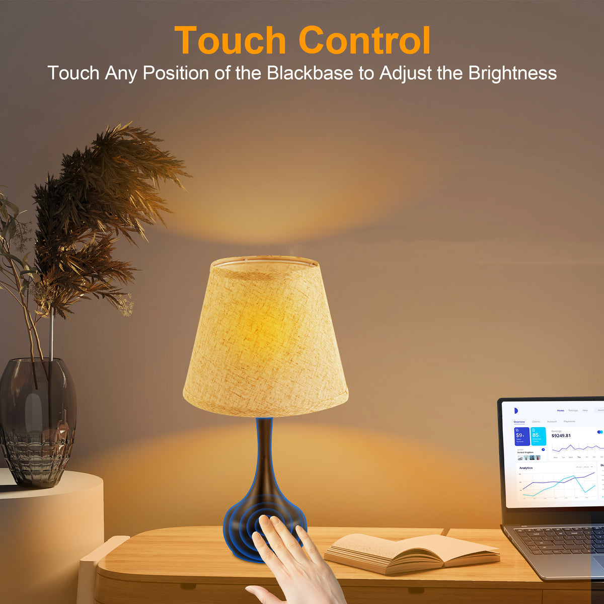 LOFTER-PRO Touch Table Lamp Bedside Style - 3-Way Dimmable Touch LED Bulb Included