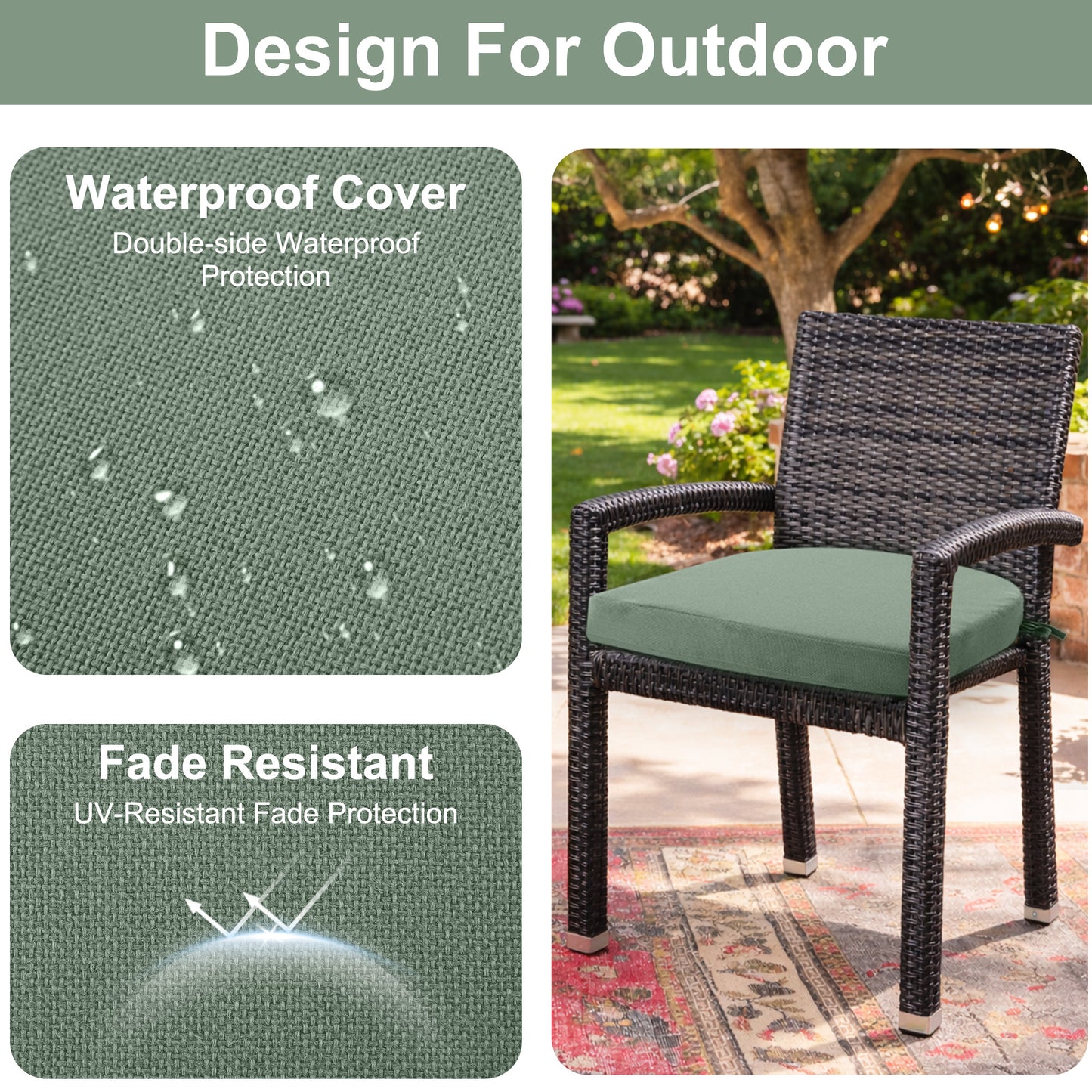 Panpaddle Patio Chair Cushions Set of 4, Waterproof Seat Cushions with Ties for Outdoor Furniture, Garden, Deck & Backyard, Green, 17" x 16" x 2"
