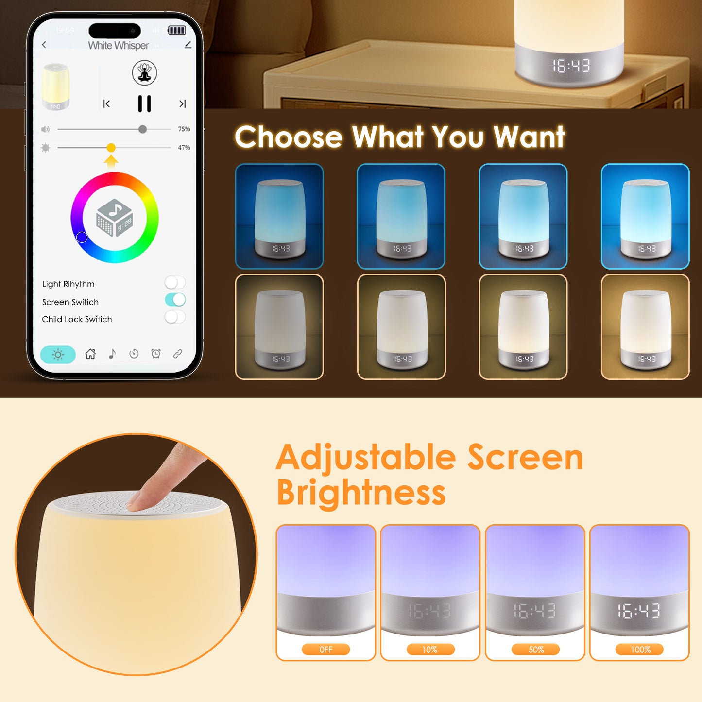 LOFTER-PRO Night Light, Dimmable Touch Lamp for Bedroom, Portable Table Bedside Lamp with Alarm Clock, 8 RGB Colors Changeable & Stepless Dimming, 4 Timers, White