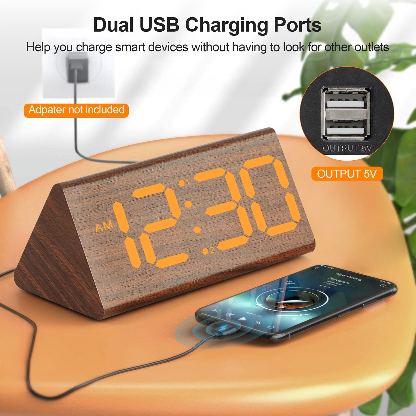 Onekawa Alarm Clock for Bedroom, Wooden Digital Alarm Clocks with Large Big Numbers,Super Loud Alarm Clocks for Heavy Sleepers with USB Charging Port