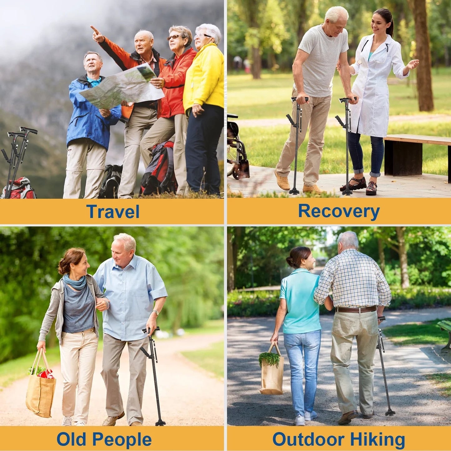 MOONORAH Walking Cane, Folding Walking Cane with LED Light for Men & Women, Adjustable Walking Stick Cane for Seniors with Second Handle for Standing, Siren, 360 Pivoting 4-Pronged Base, Black
