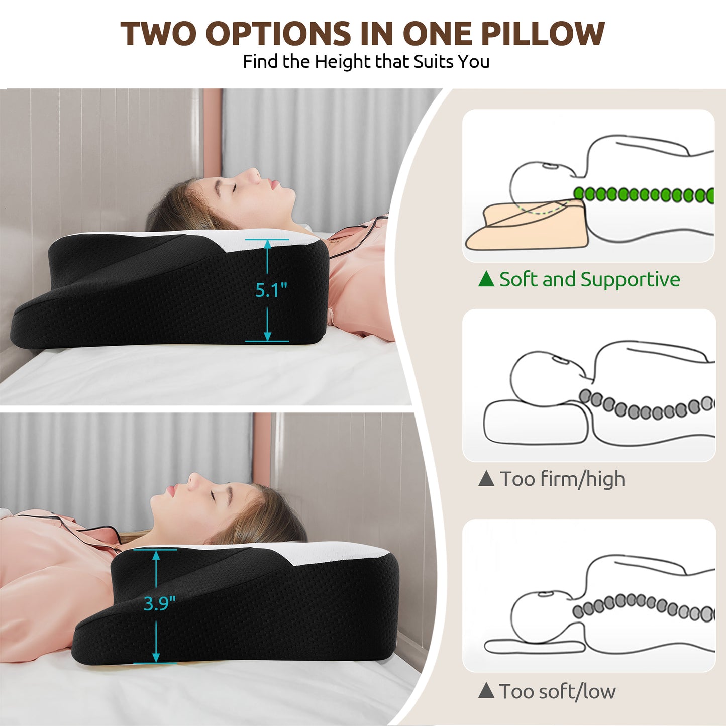 MOONORAH Memory Foam Pillows Neck Support Pillow for Pain Relief,Ergonomic Cervical Pillow Sleeping for Shoulder Pain,Orthopedic Contour Bed Pillow for Side Back Stomach Sleepers,Blac,Queen 24×14.9in