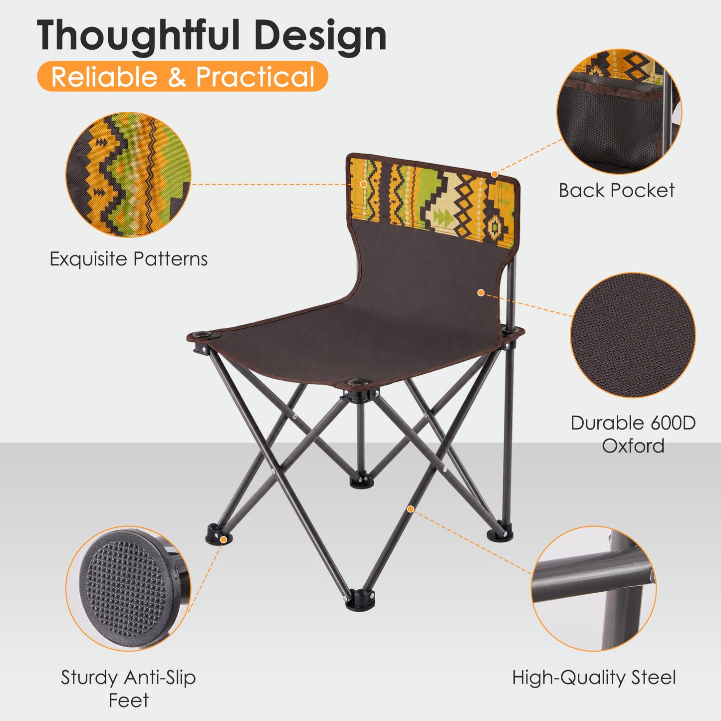 MOONORAH Camping Chair, Folding Portable Camping Chairs, Lightweight Compact Folding Chair Mesh for Outdoor Camp Travel Beach Picnic Festival Hikin with Side Pocket, Storage Bag, Brown