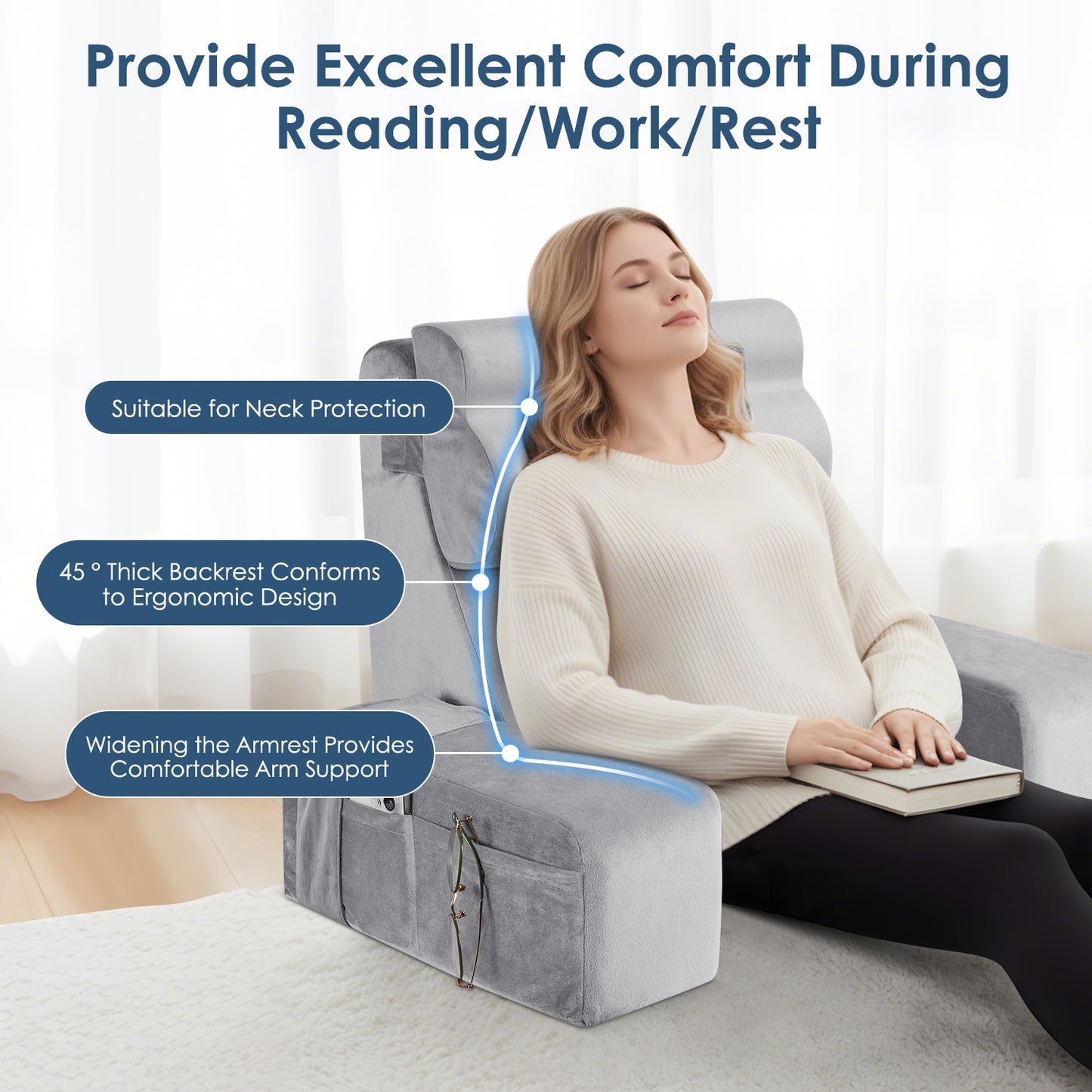 MOONORAH Reading Pillow for Sitting in Bed Adult,Backrest Pillow with Arms,Bed Chair Pillow with Big Pockets for Reading/Gaming/Resting/Watching TV,Medium 19" Grey