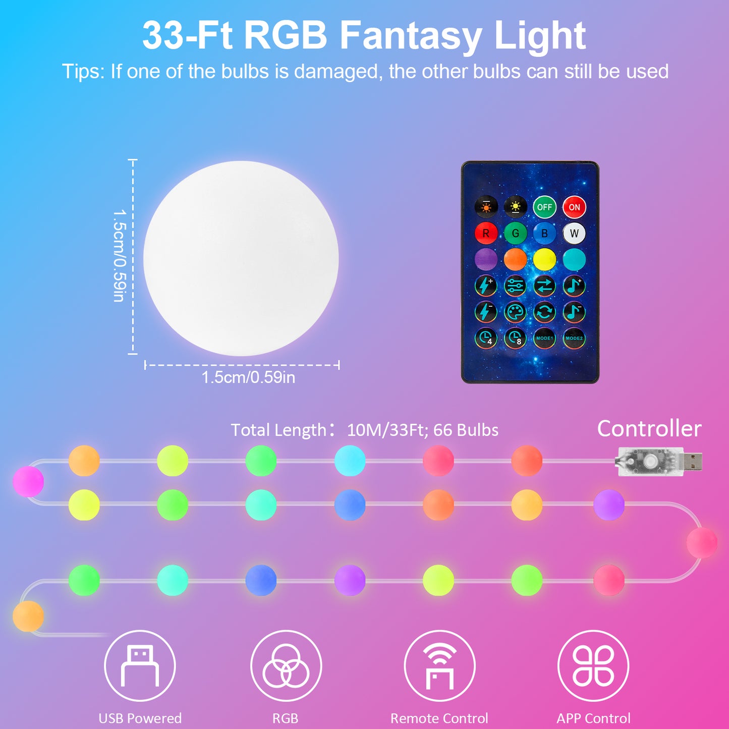 LOFTER-PRO Smart String Lights, Outdoor Lights with Dimmable Warm White LED Bulbs, 47 Scene Modes for Patio, Backyard, Balcony, IP65 Waterproof, App Control and Remote Control