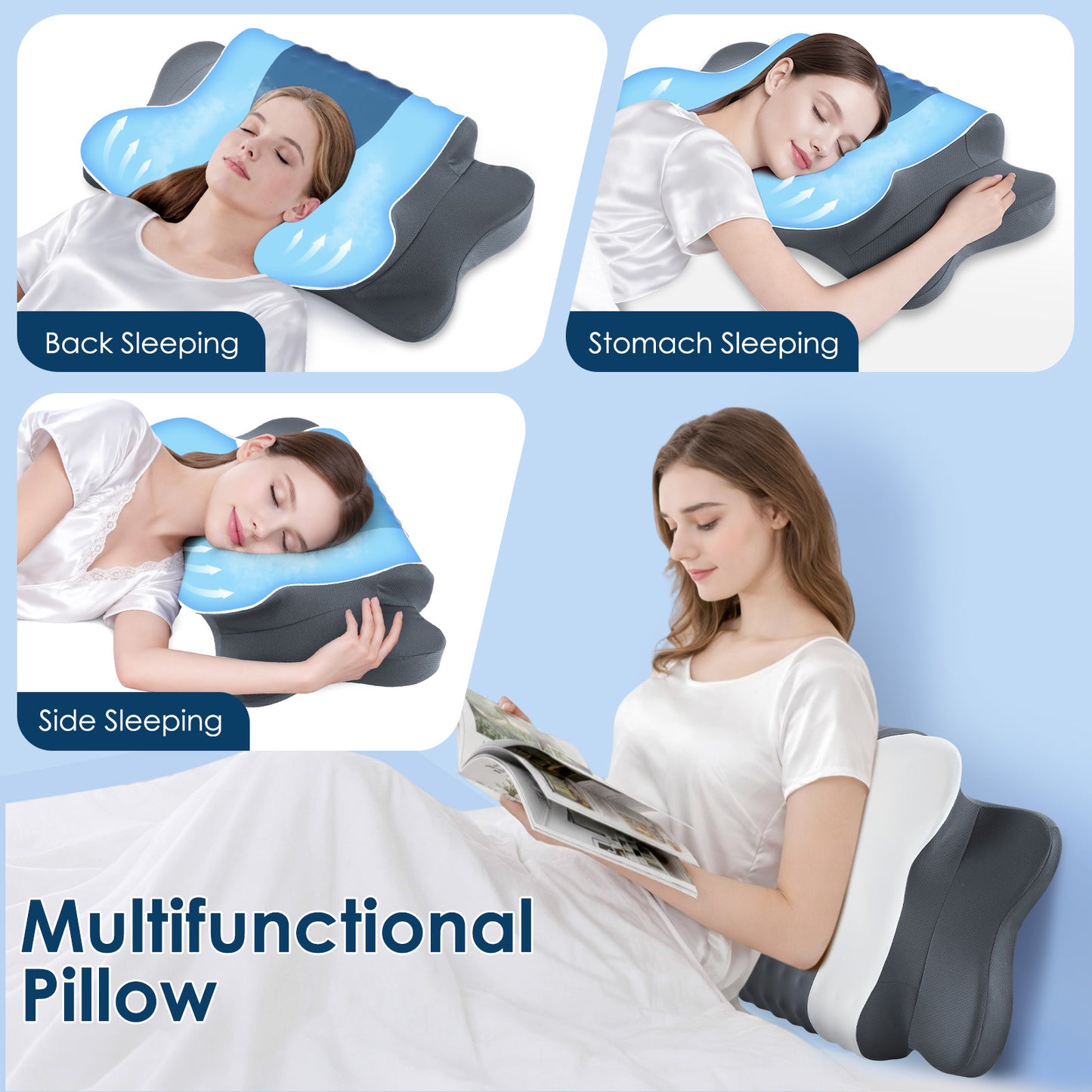DONAMA Cervical Neck Pillow for Pain Relief Sleeping, Memory Foam Pillow Neck Pillow Bed Pillow with Pillowcase for Side Back and Stomach Sleepers, Gray and White