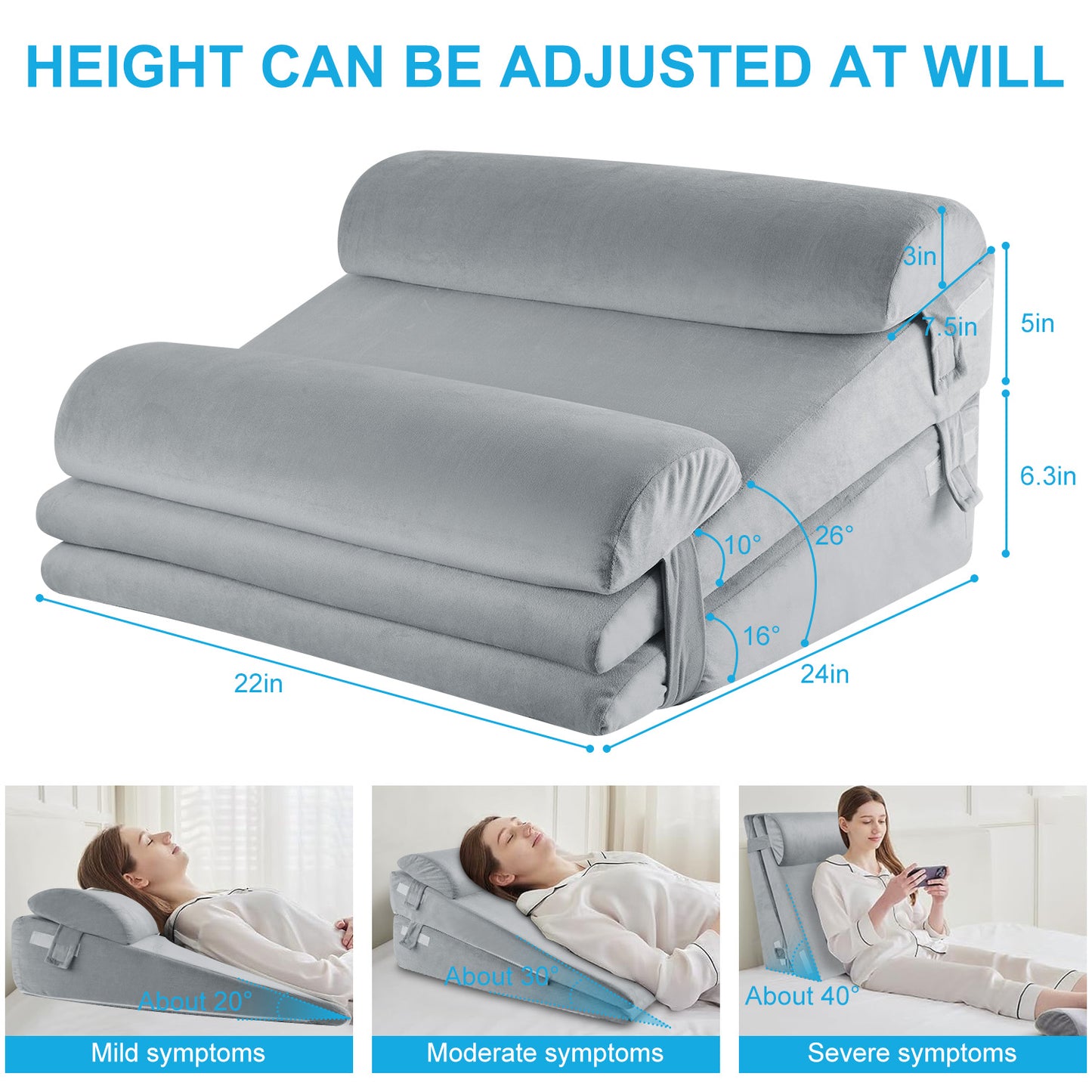 MOONORAH Wedge Pillow for Sleep Apnea, Adjustable Wedge Pillow Headboard, Bed Wedge Pillow for Back, Neck, Leg Pain Relief, Pillow Wedge for Sleeping, Acid Reflux with Neck Support Pillow, Grey