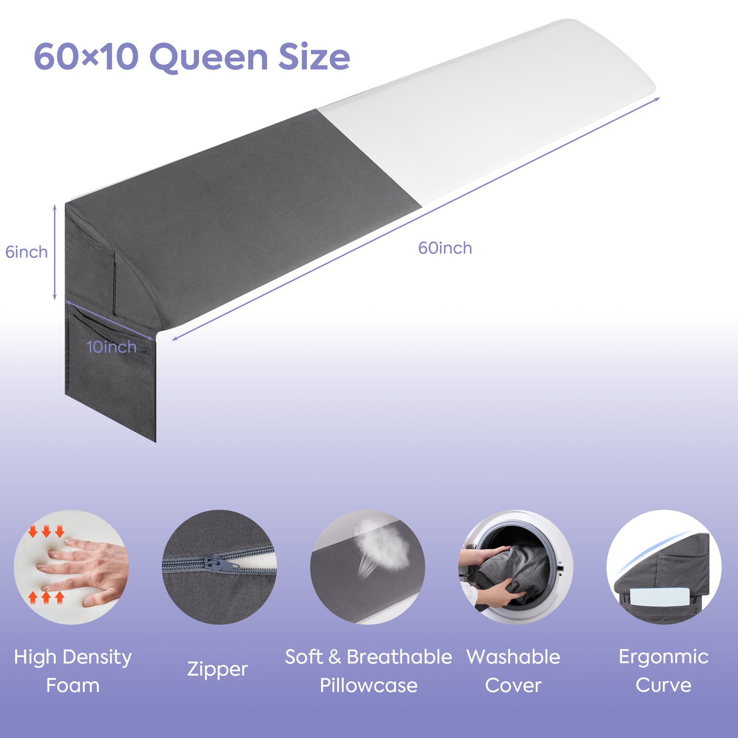 MOONORAH Queen Wedge Pillow Headboard/Bed Wedge Pillow for Headboard/Bed Gap Filler/Headboard Pillow,Pillow Wedge for Headboard Gap(0-6"),Stop Loosing Your Pillows,Phone(Gray 60"x10"x6")