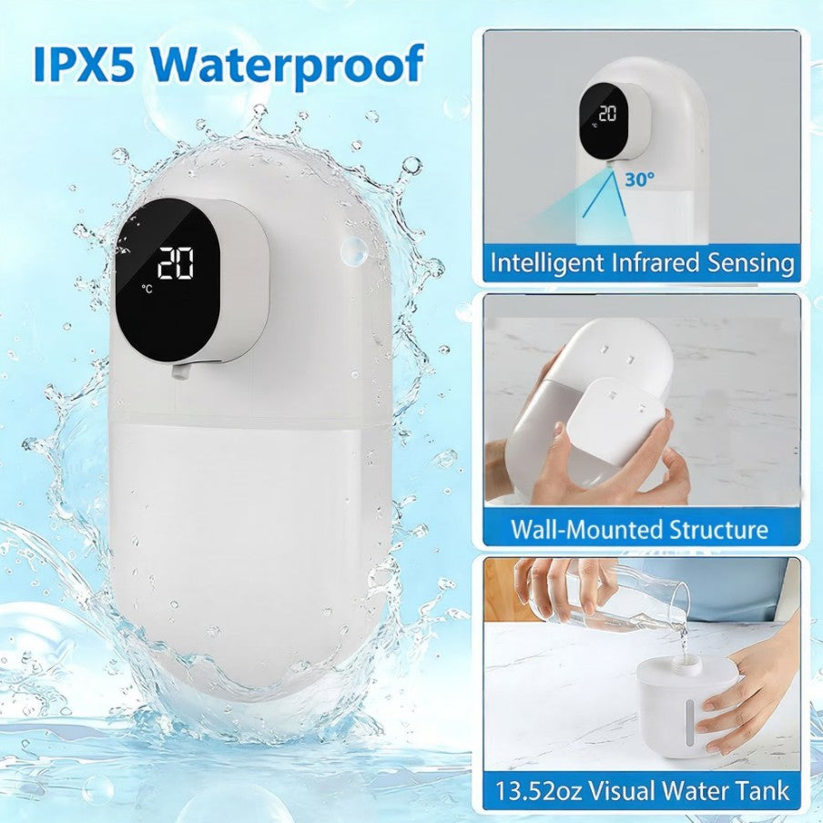 WANALIT Automatic Foaming Soap Dispenser, Touchless Smart Sensor with Display (Temp/Battery), 3 Adjustable Foam Levels, 13.52oz Rechargeable, Wall Mount for Kitchen Bathroom Dish Soap, White