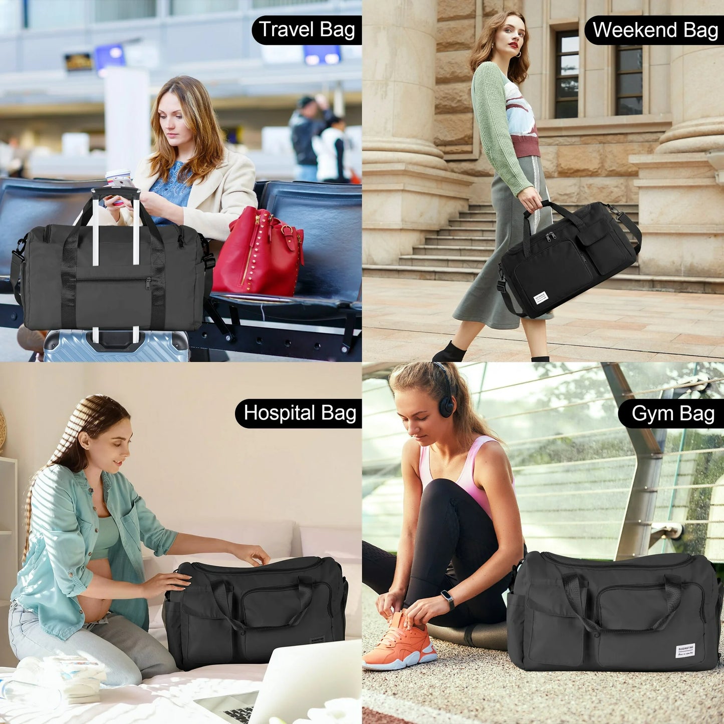 Onekawa Gym Bag 35L for Men & Women -Travel Duffel Bag , Waterproof Sports Duffel Bag with Toiletry Bag, Foldable Travel Backpack for Camping, Yoga, Weekend Trips - Black