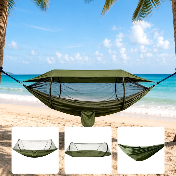 MOONORAH Portable Camping Hammock with Sun Shade Canopy, Lightweight Breathable Hammock with Storage Bag (Olive Green)