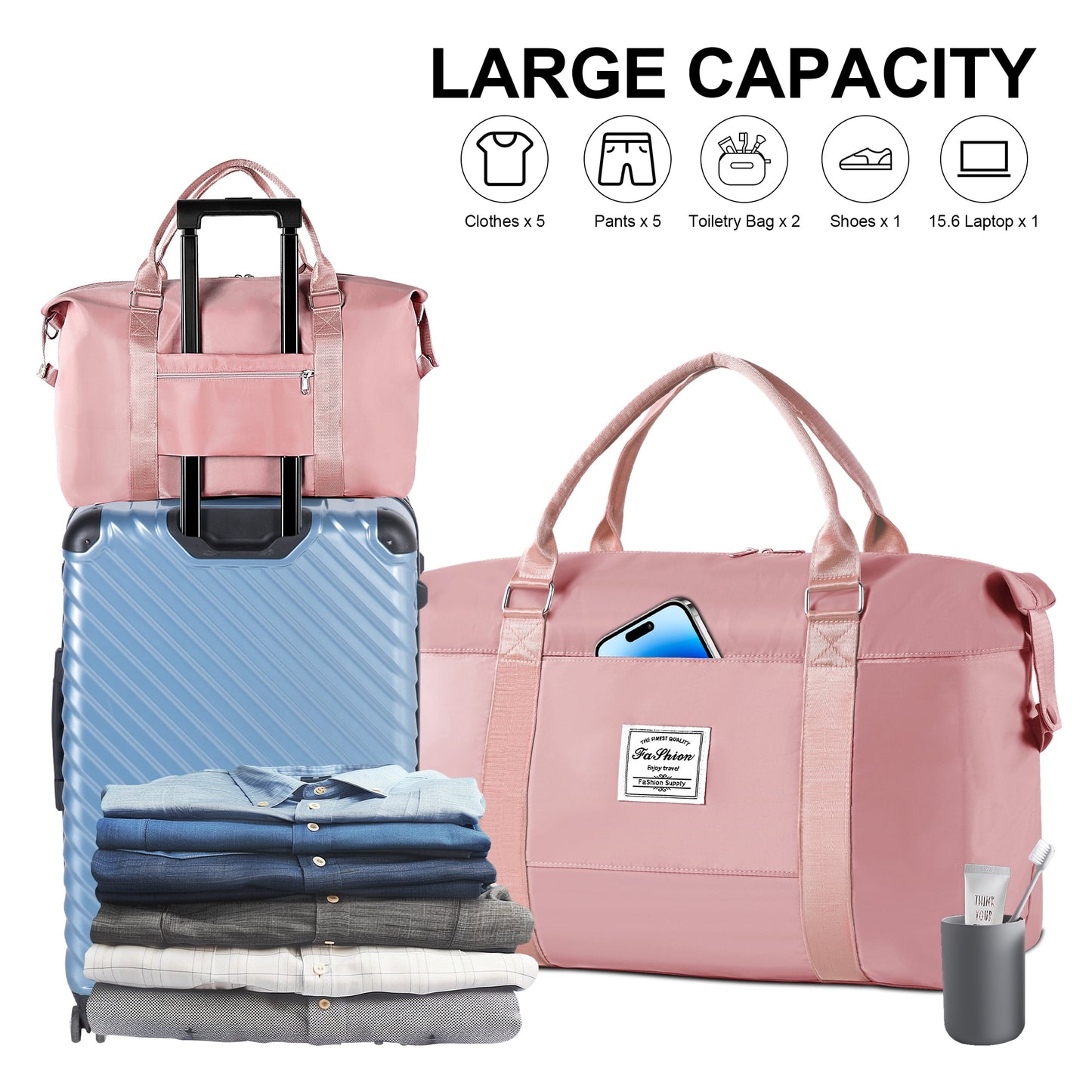 WANALIT Waterproof Duffel Bag for Gym and Travel, Weekender Carry On with Wet Dry Compartment, Luggage Sleeve, Airplane Approved (Pink)