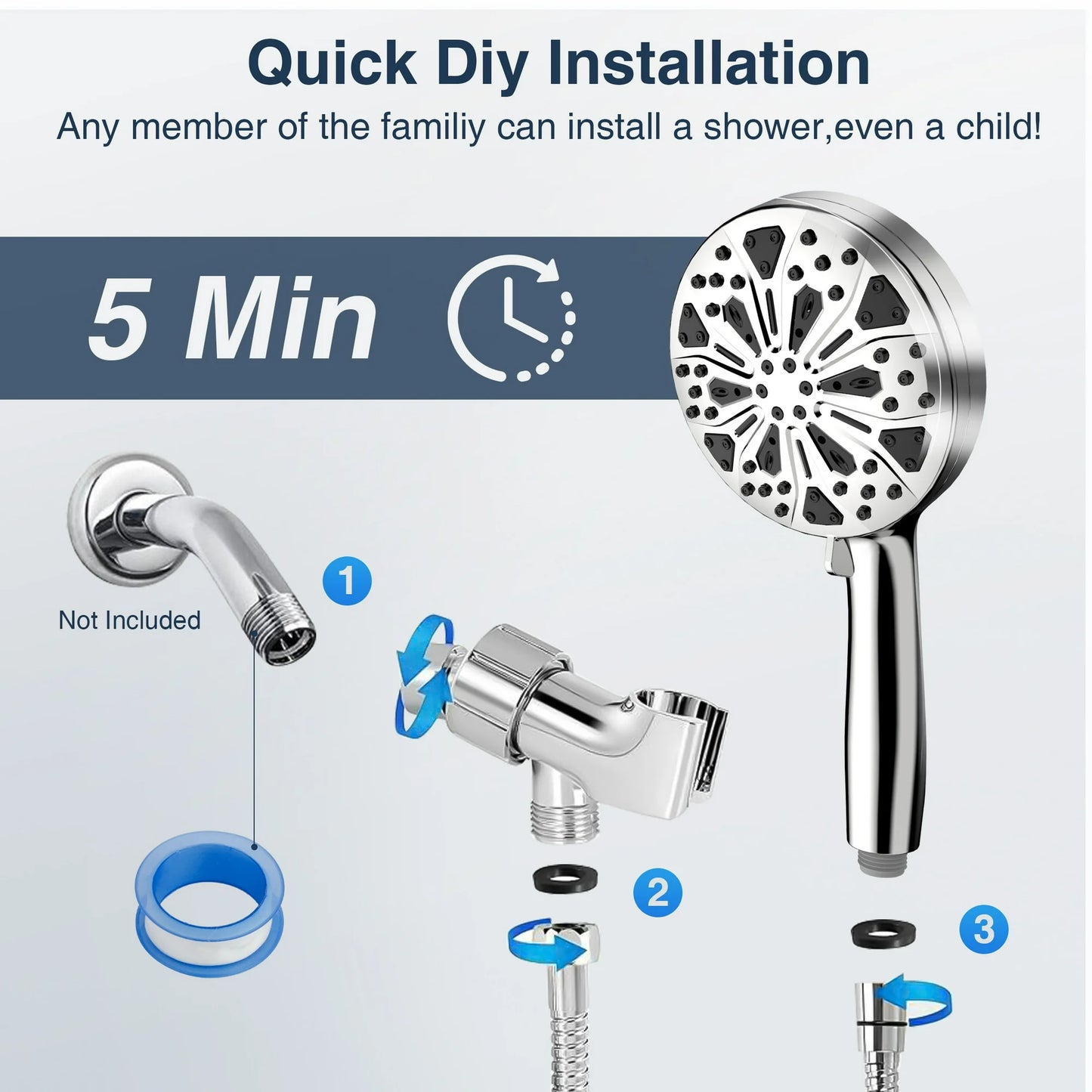 MOONORAH Shower Head, High Pressure Shower Head with 10 Spray Settings, Filtered Shower Head with 59" Stainless Steel Hose and Shower Stand, Drill-Free Design, Silver
