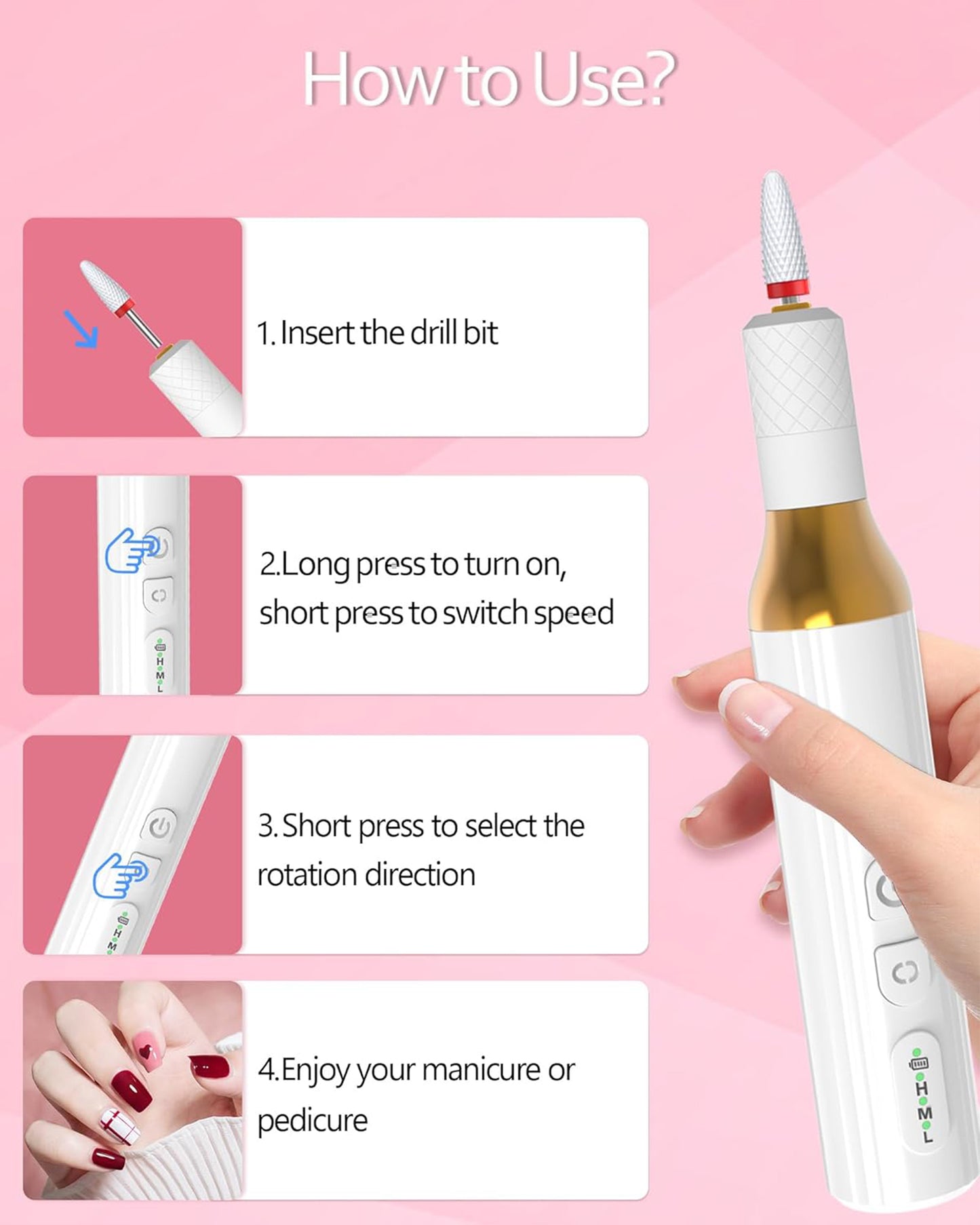 MOONORAH Electric Nail Drill Machine, Portable Cordless Nails File Set for Acrylic Gel Dip, Professional Manicure Pedicure with Bits and Base for Hand Foot Care, White