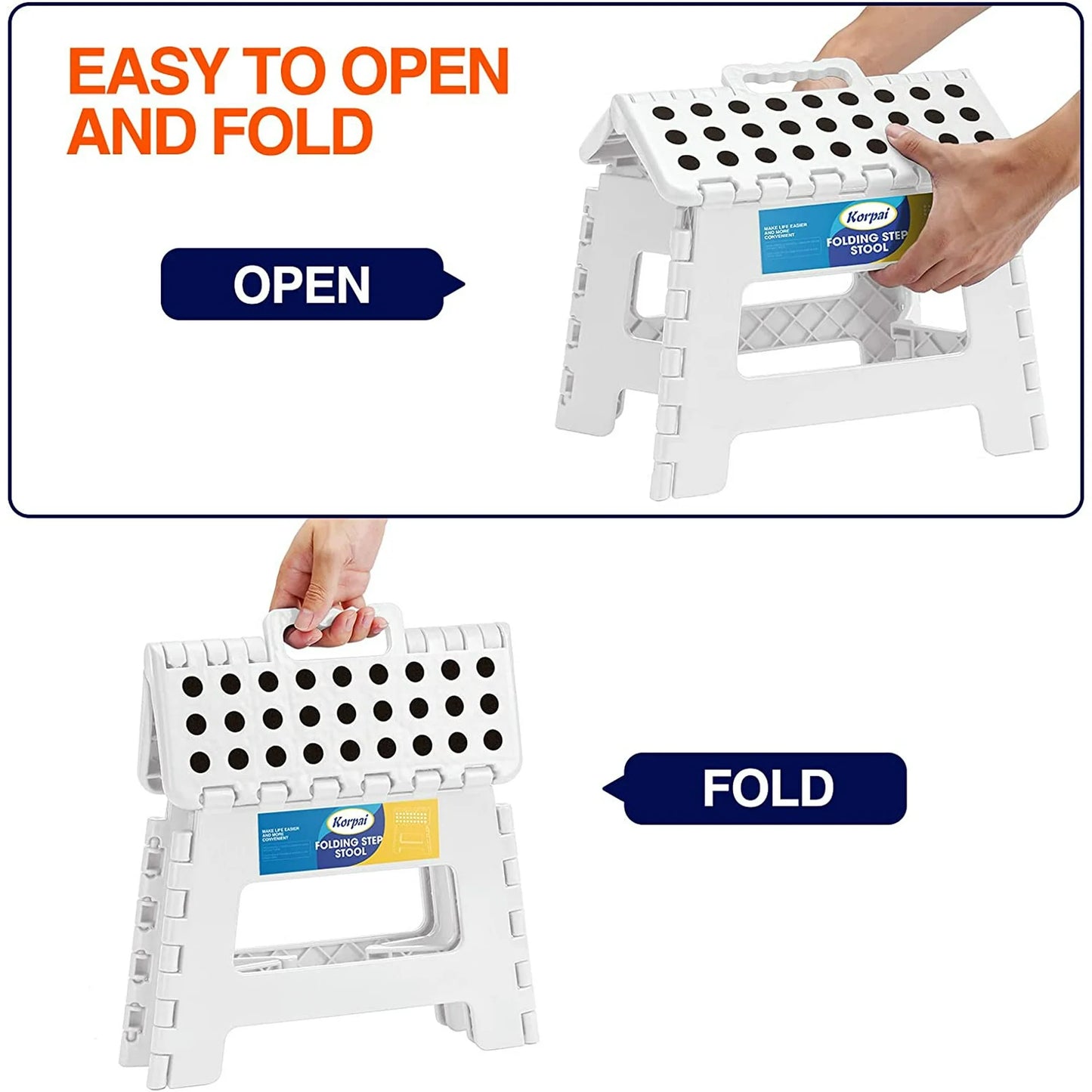 KAIPARA Folding Step Stool-9 Inch Plastic Foldable Step Stool with Portable Handle Compact,Holds Up to 331 lbs Non-Slip Polka dot Stools for Adults & Kids - White