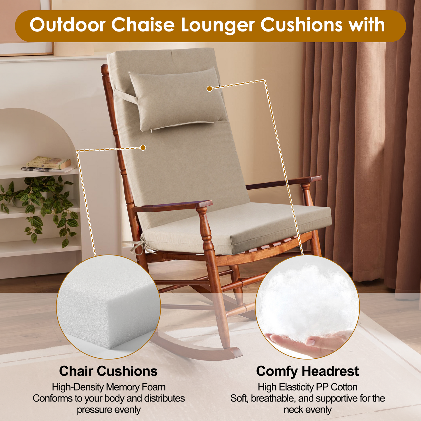DONAMA Outdoor Chair Cushions Waterproof High Back Thick Seat Pad with Ties for Patio Garden Rocking Chair, Beige 47x22x2 inch