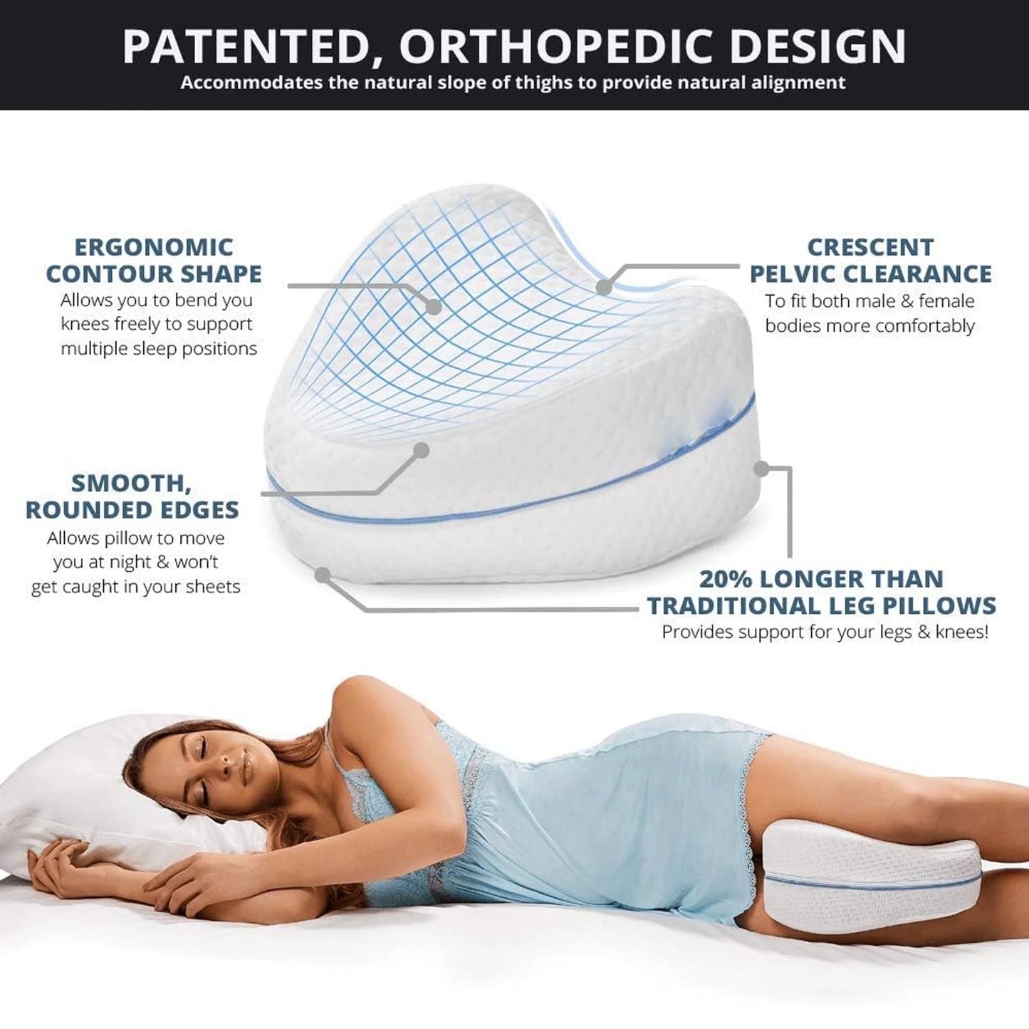 MOONORAH Knee Pillow for Side Sleepers-Memory Foam Leg Pillow for Lower Back & Sciatica Pain Relief,Hip Support Pillow for Side Sleeping,Soothing Spine Alignment Body Pillow-White
