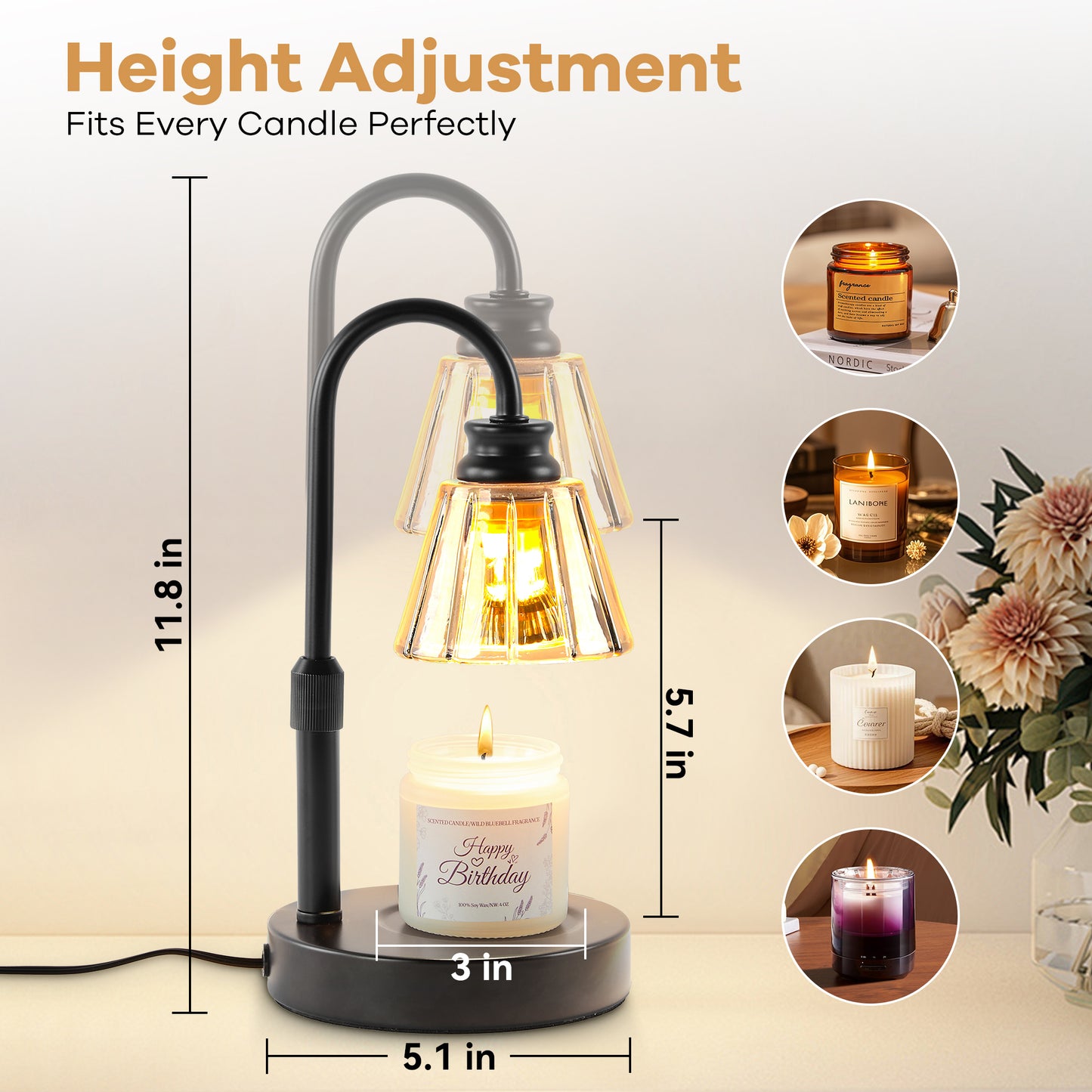 LAFAYTTE Adjustable Height Candle Warmer Lamp with Dimmable Light and Programmable Timer - A Stylish and Thoughtful Present for Multiple Sizes of Jar Candles
