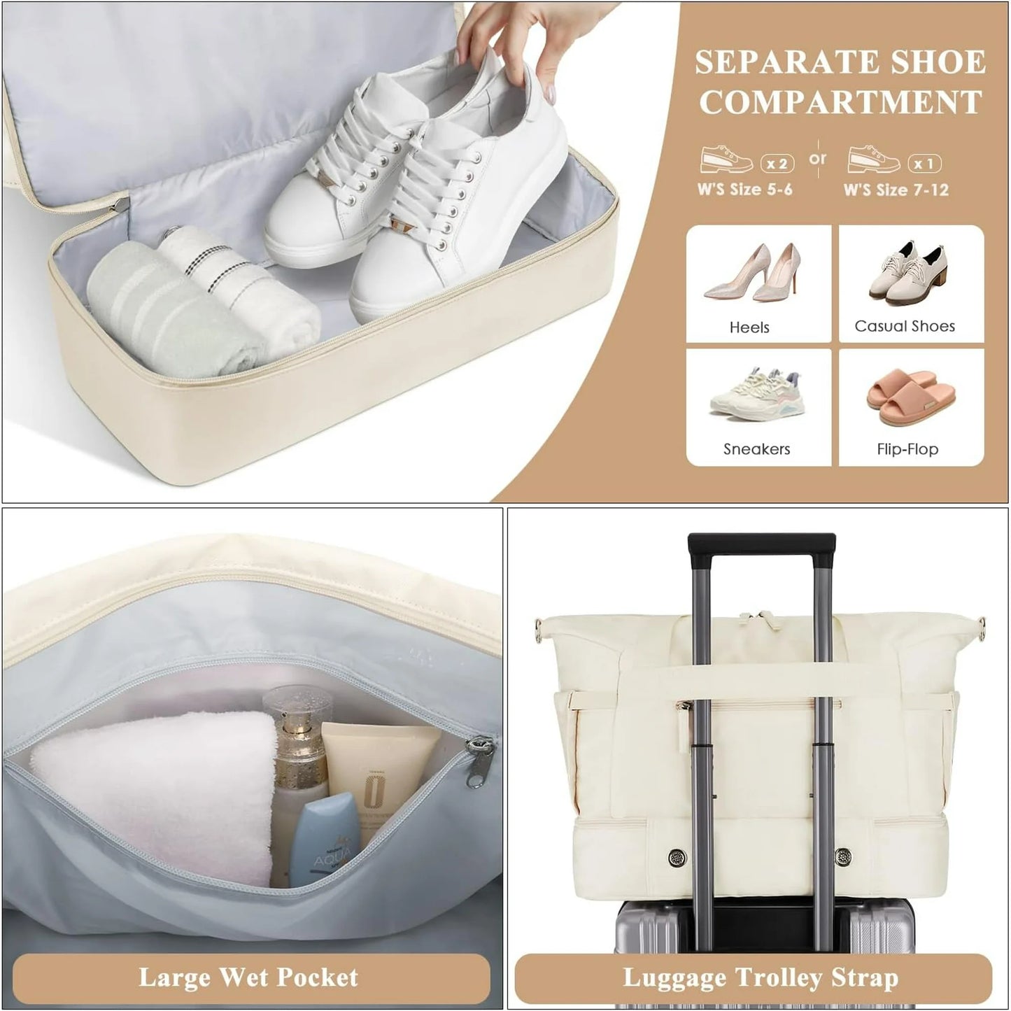 MOONORAH Travel Duffel Bag, Tote Gym Bag, Shoulder Weekender Overnight Bag for Women, Carry Bag with Wet Dry Pocket/Front Phone Pocket/USB Charging Port for Travel, Airline Approved, Beige