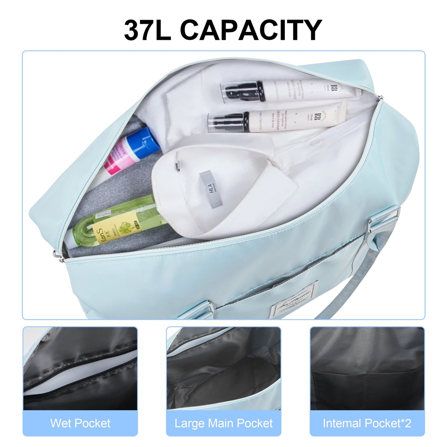 WANALIT Waterproof Duffel Bag for Gym and Travel, Weekender Carry On with Wet Dry Compartment, Luggage Sleeve, Airplane Approved (Blue)