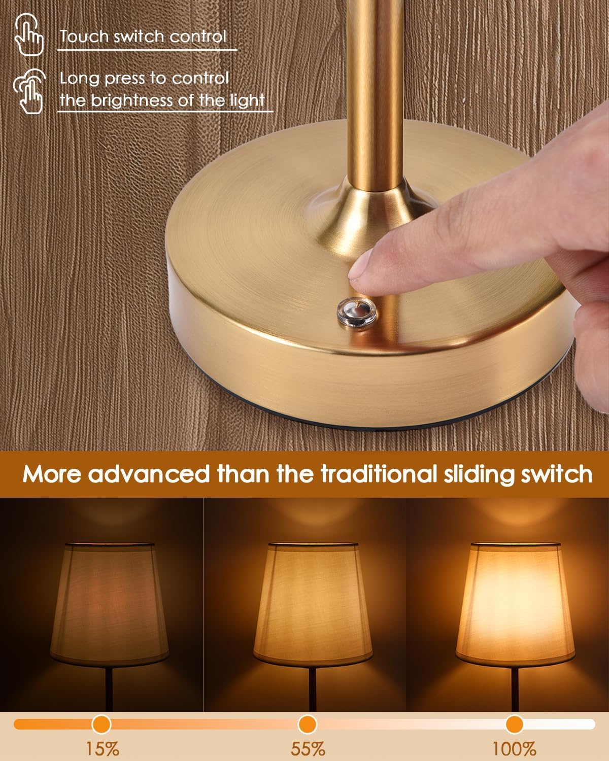 LOFTER-Pro Cordless LED Table Lamps, 5200mAH Built-in Rechargeable Battery, Stepless Dimming Touch Control, Height Adjustable, Patio Table Lamp, Bedside Nights, Ambient Light for Restaurant (Gold)