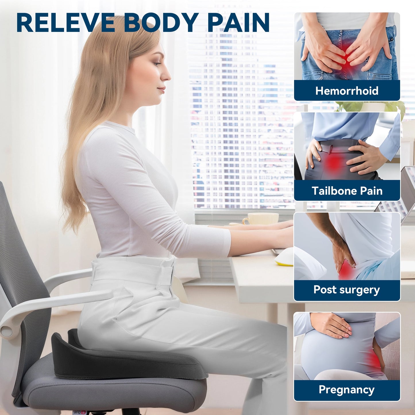 DONAMA Memory Foam Donut Pillow for Tailbone Pain Relief - Coccyx Cushion for Office Chair, Car Seat, Sciatica, Postpartum Recovery, Hemorrhoids & Surgery