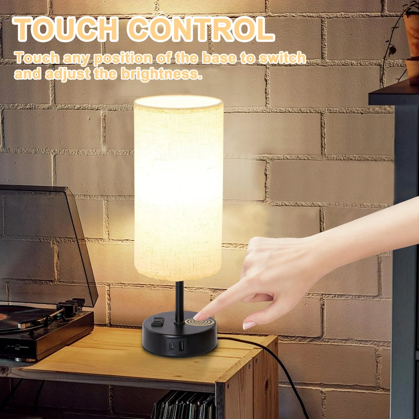 LOFTER-Pro Bedside Table Lamp for bedroom, 3 Way Dimmable Touch Lamp with USB Port and AC Outlet, Small Desk Lamp for Night Stands, Living Room, Office