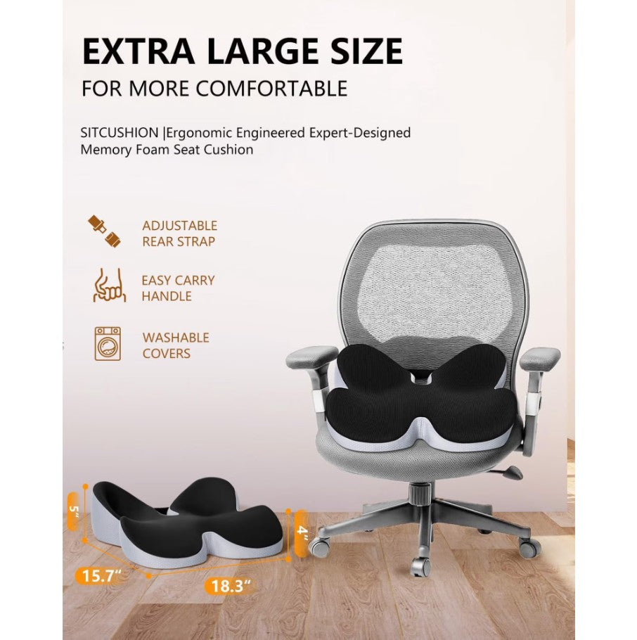 WANALIT Seat Cushion, Breathable Butterfly Memory Foam Coccyx Cushion, Adjustable Back Strap, Tailbone & Sciatica Pain Relief Pad for Long Sitting - Car, Desk, Wheelchair（Black）