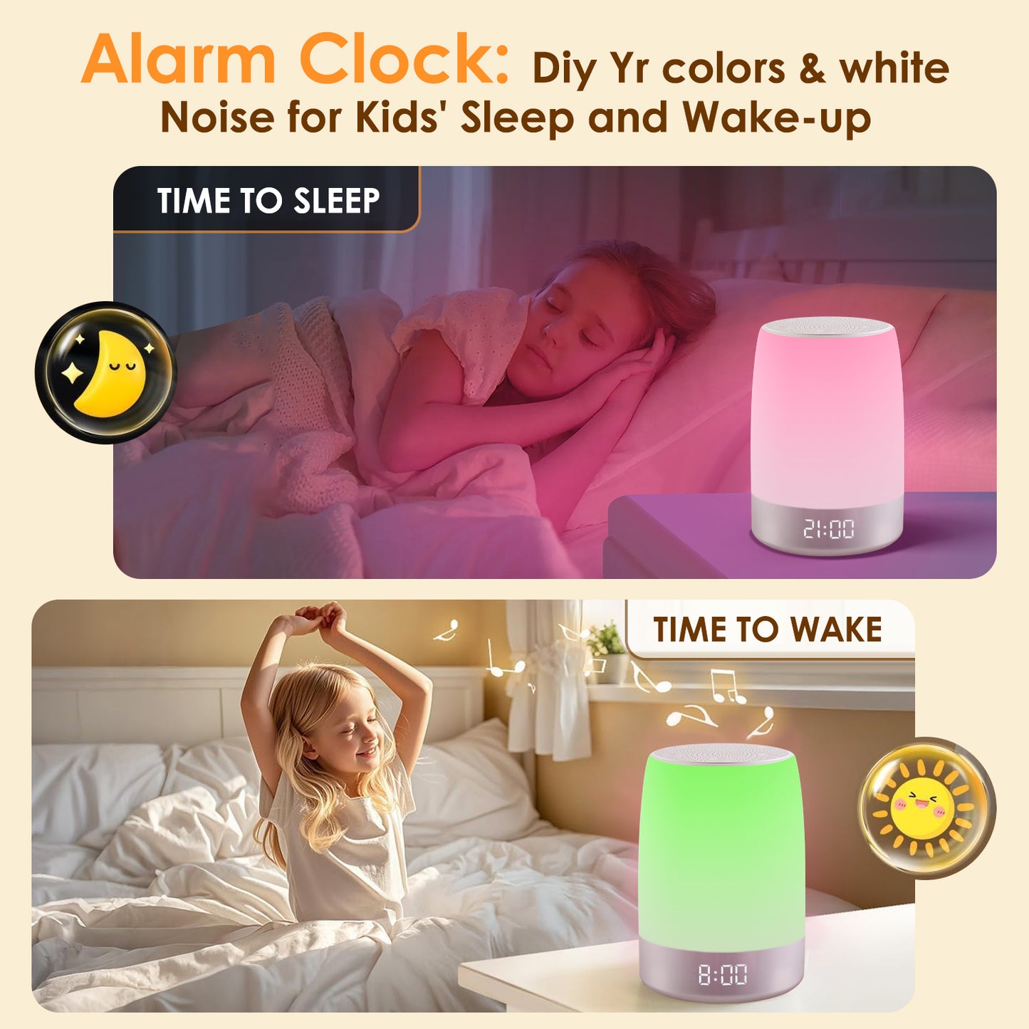 LOFTER-PRO Night Light, Dimmable Touch Lamp for Bedroom, Portable Table Bedside Lamp with Alarm Clock, 8 RGB Colors Changeable & Stepless Dimming, 4 Timers, White